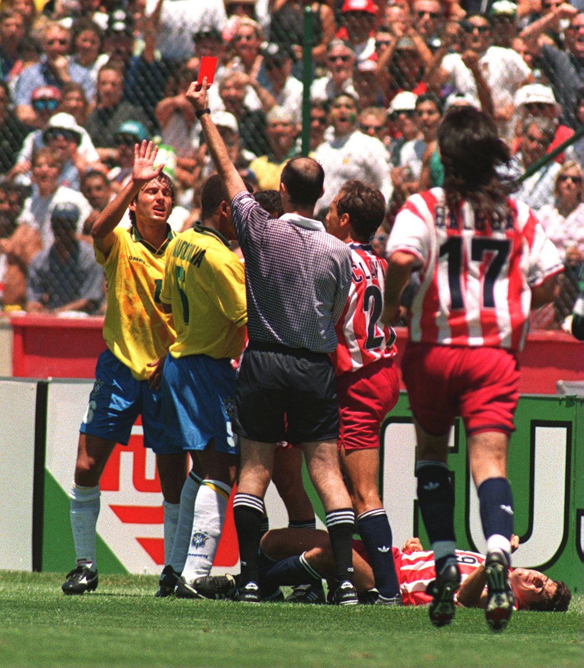 Brazil's Leonardo is sent off vs USA in 1994.