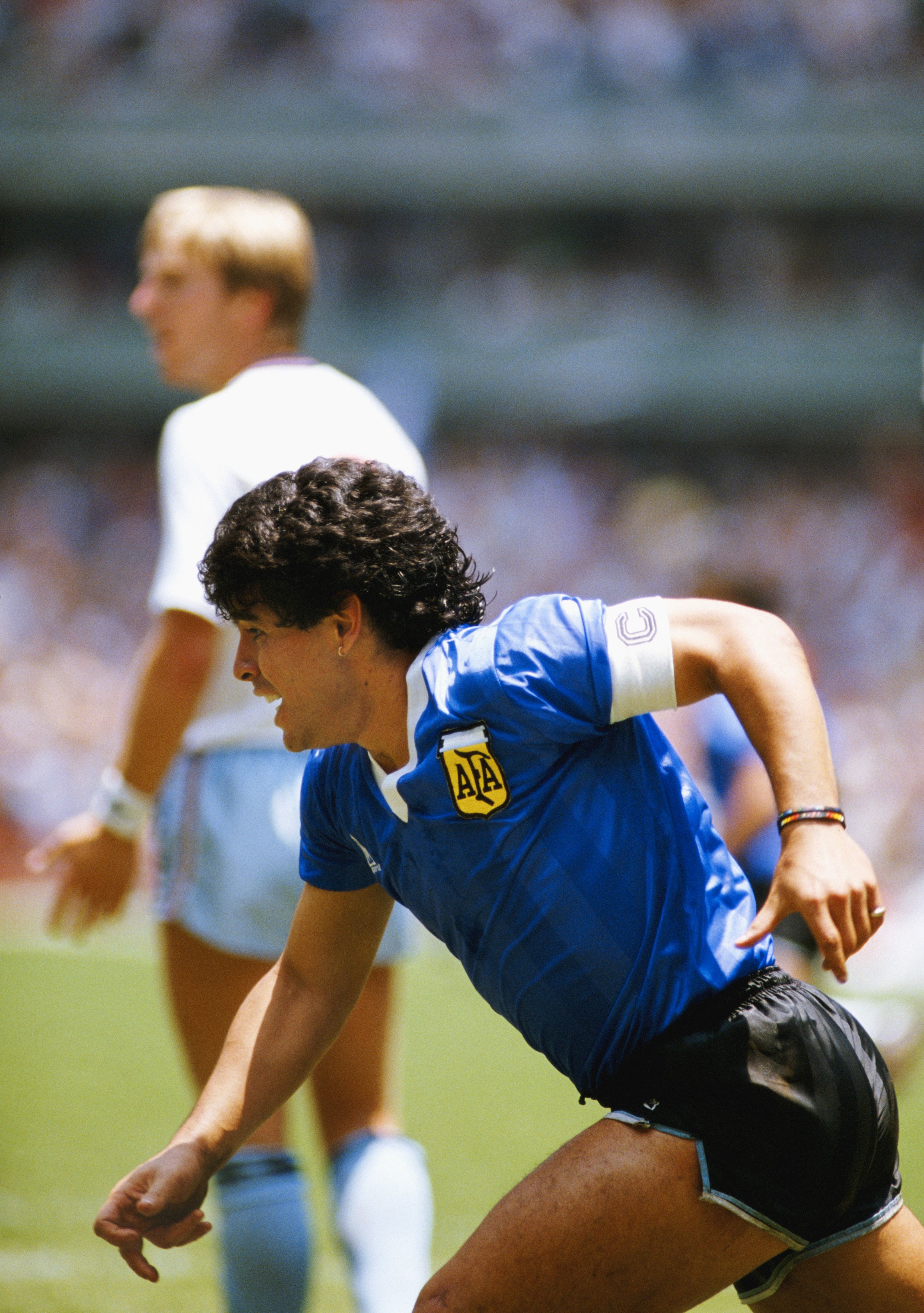 Maradona celebrates scoring at 1986 World Cup.