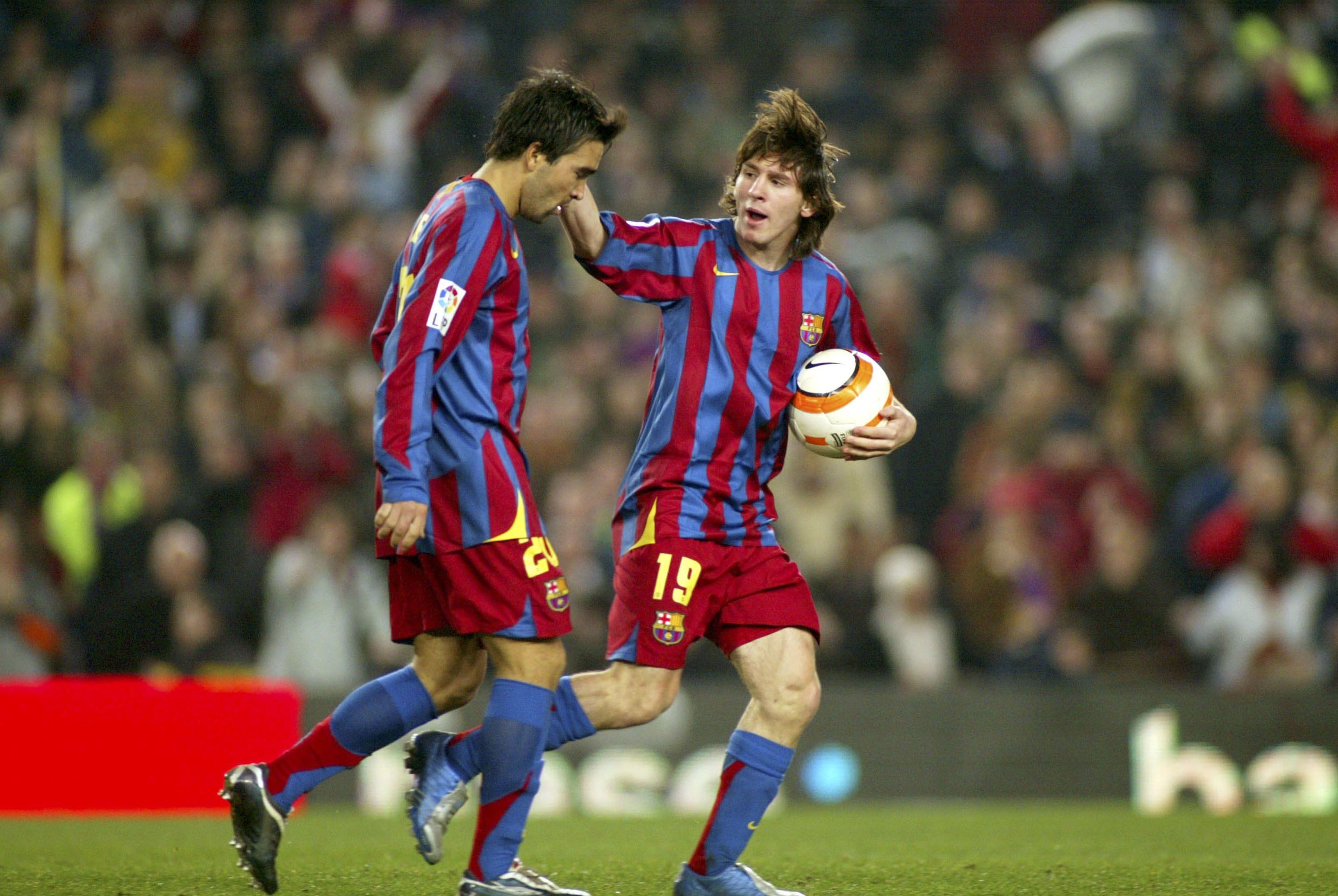 Leo Messi and Deco of Barcelona after Messi's goal 