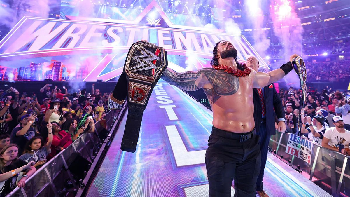 Roman Reigns celebrating at WrestleMania