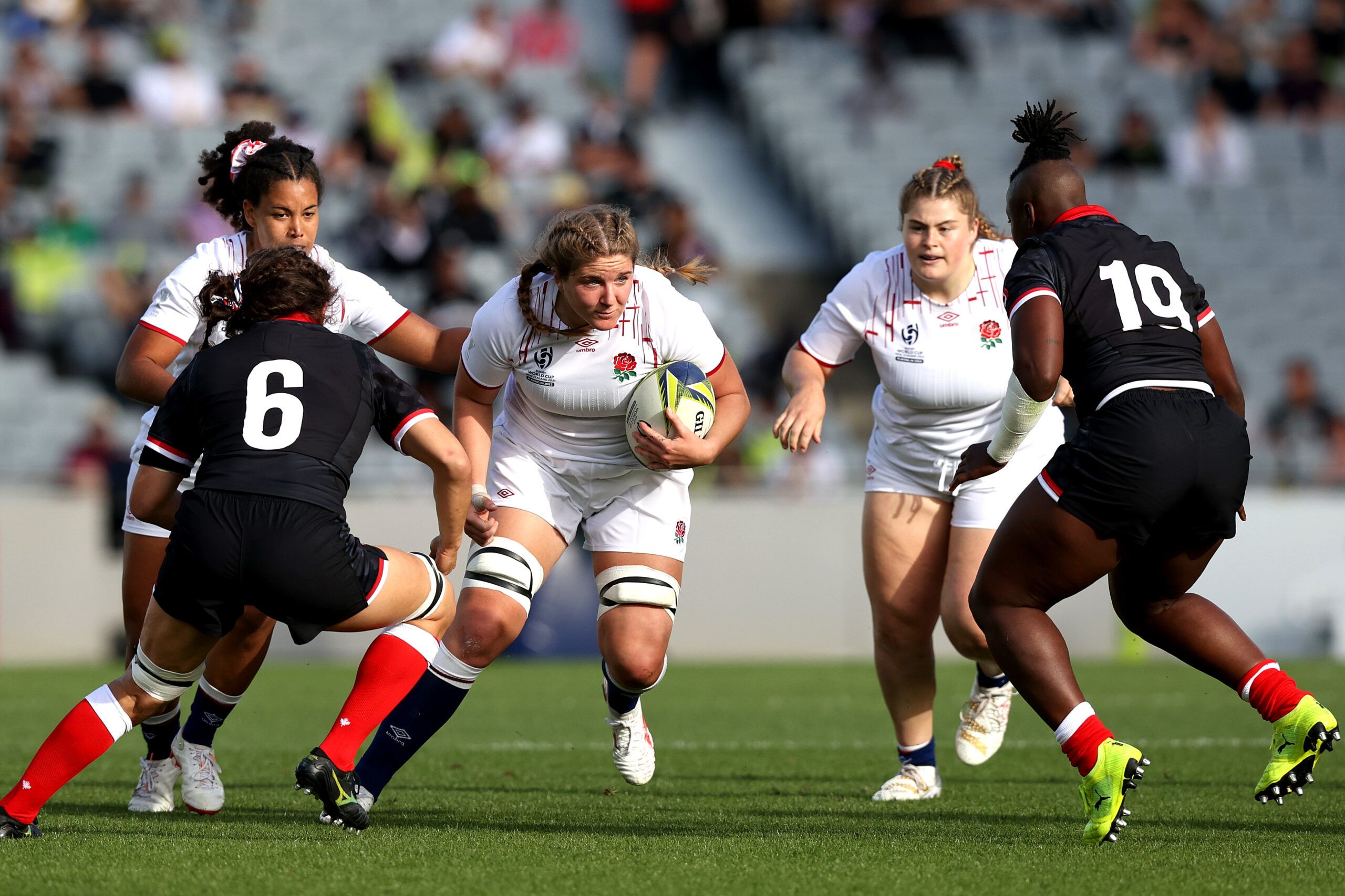 Poppy Cleall of England in action against New Zealand at the Rugby World Cup