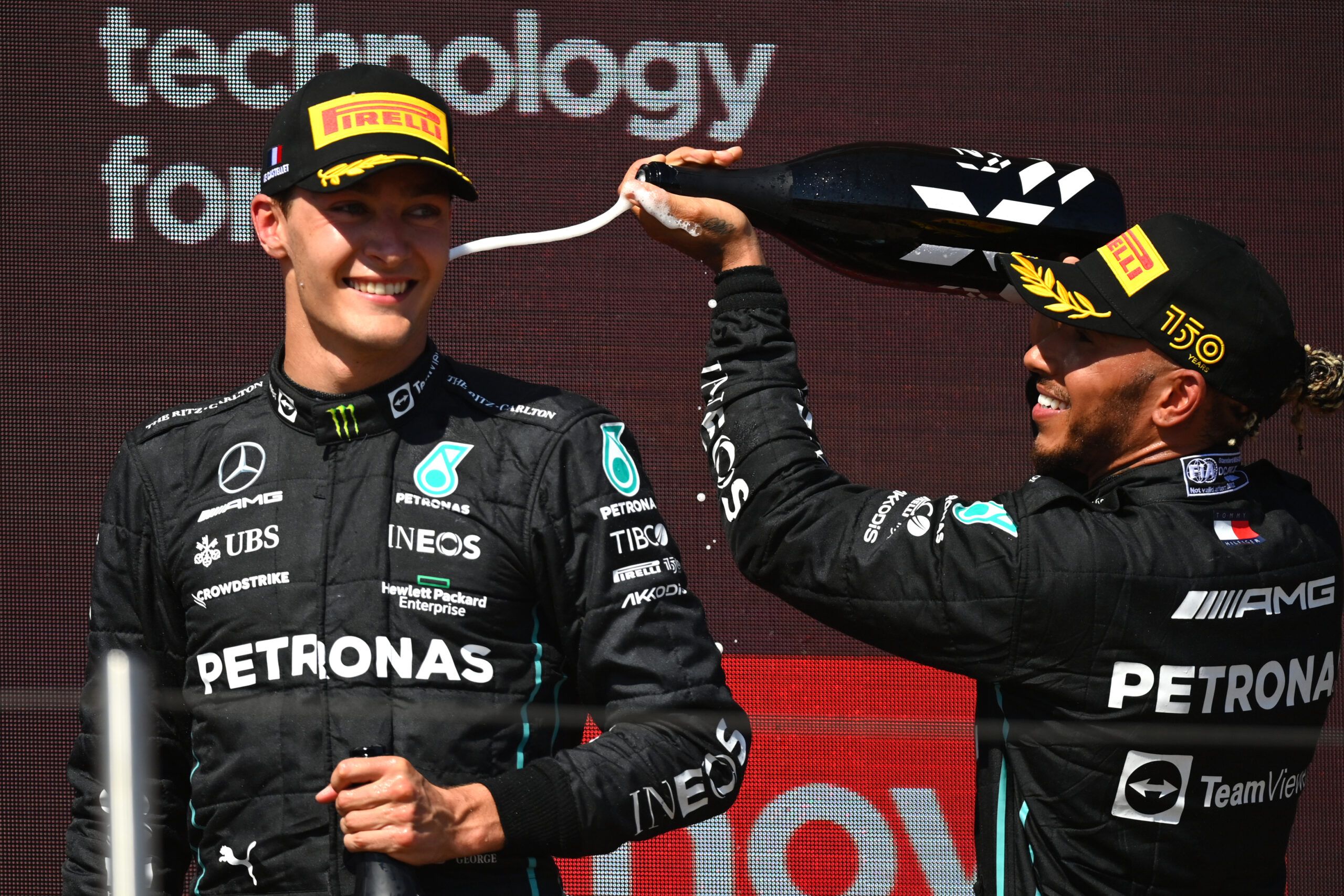 Lewis Hamilton and George Russell on the podium