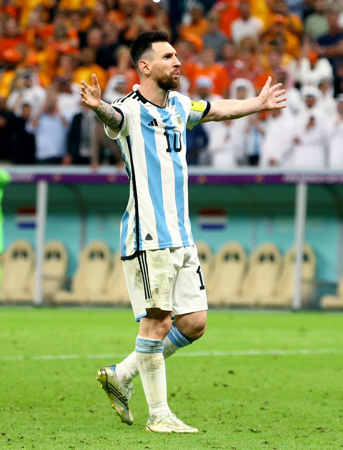 Messi celebrates vs Netherlands.