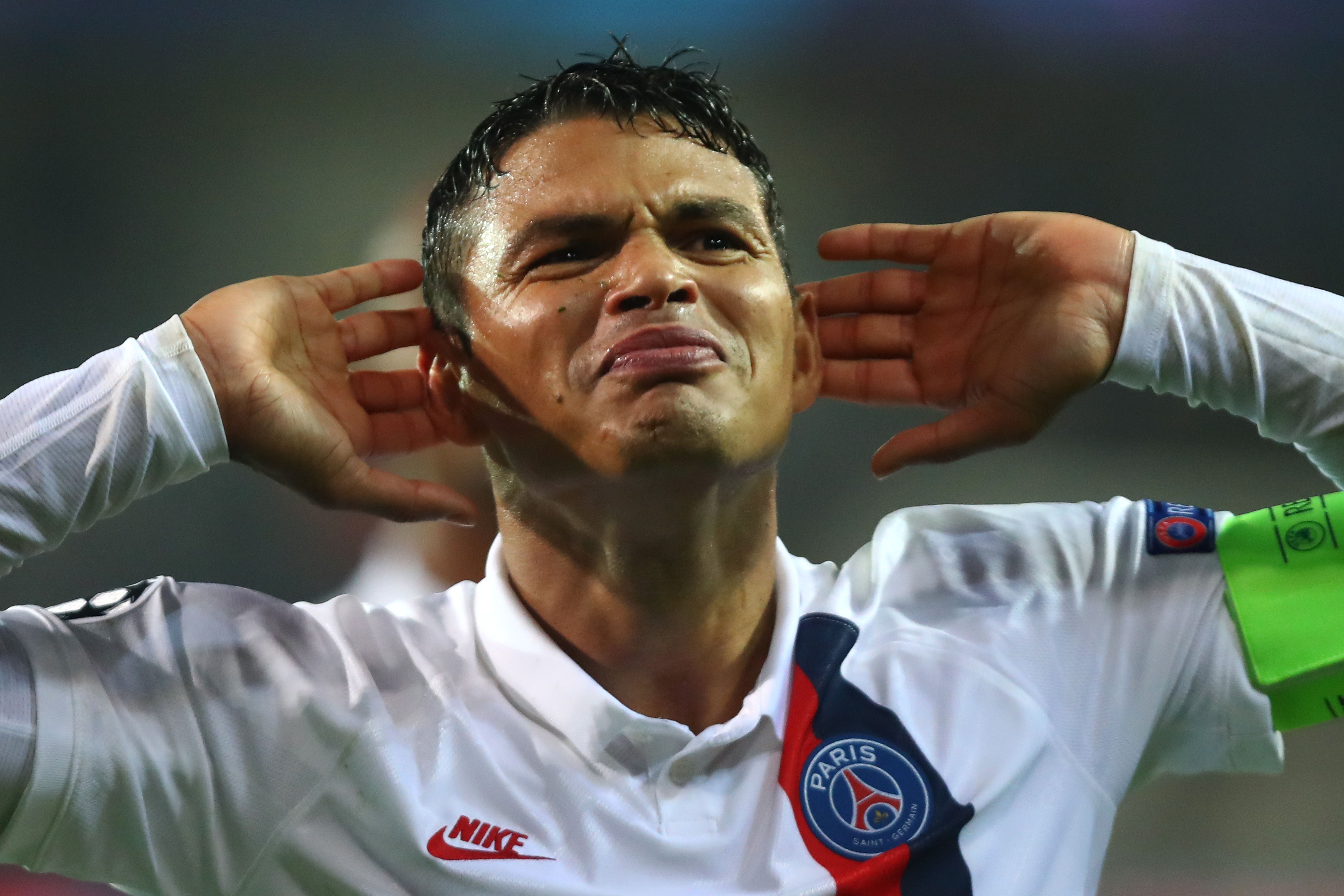 Thiago Silva of PSG celebrates victory with the fans after the UEFA Champions League group A match between Club Brugge KV and Paris Saint-Germain at Jan Breydel Stadium on October 22, 2019 in Brugge, Belgium