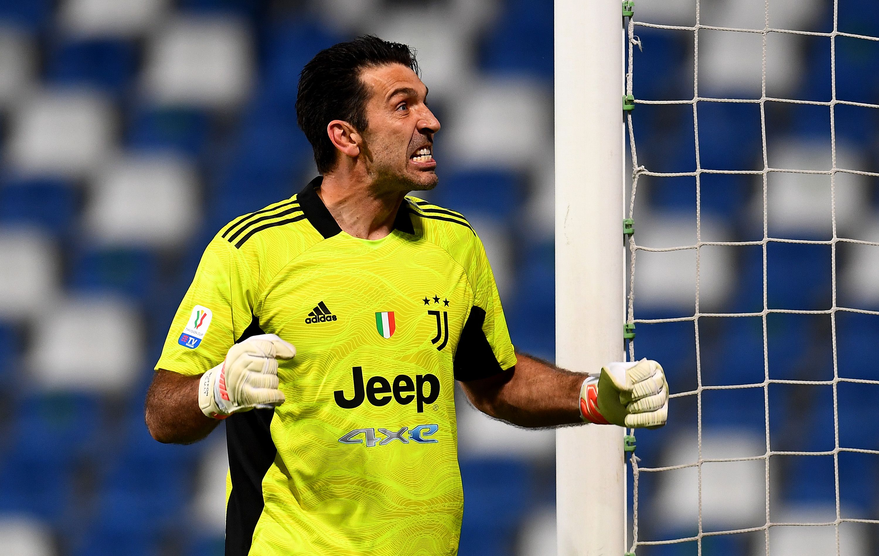 Gianluigi Buffon of Juventus reacts during the TIMVISION Cup Final between Atalanta BC and Juventus on May 19, 2021 in Reggio nell'Emilia, Italy. A limited number of fans will be allowed into the stadium as Coronavirus restrictions begin to ease in the UK.
