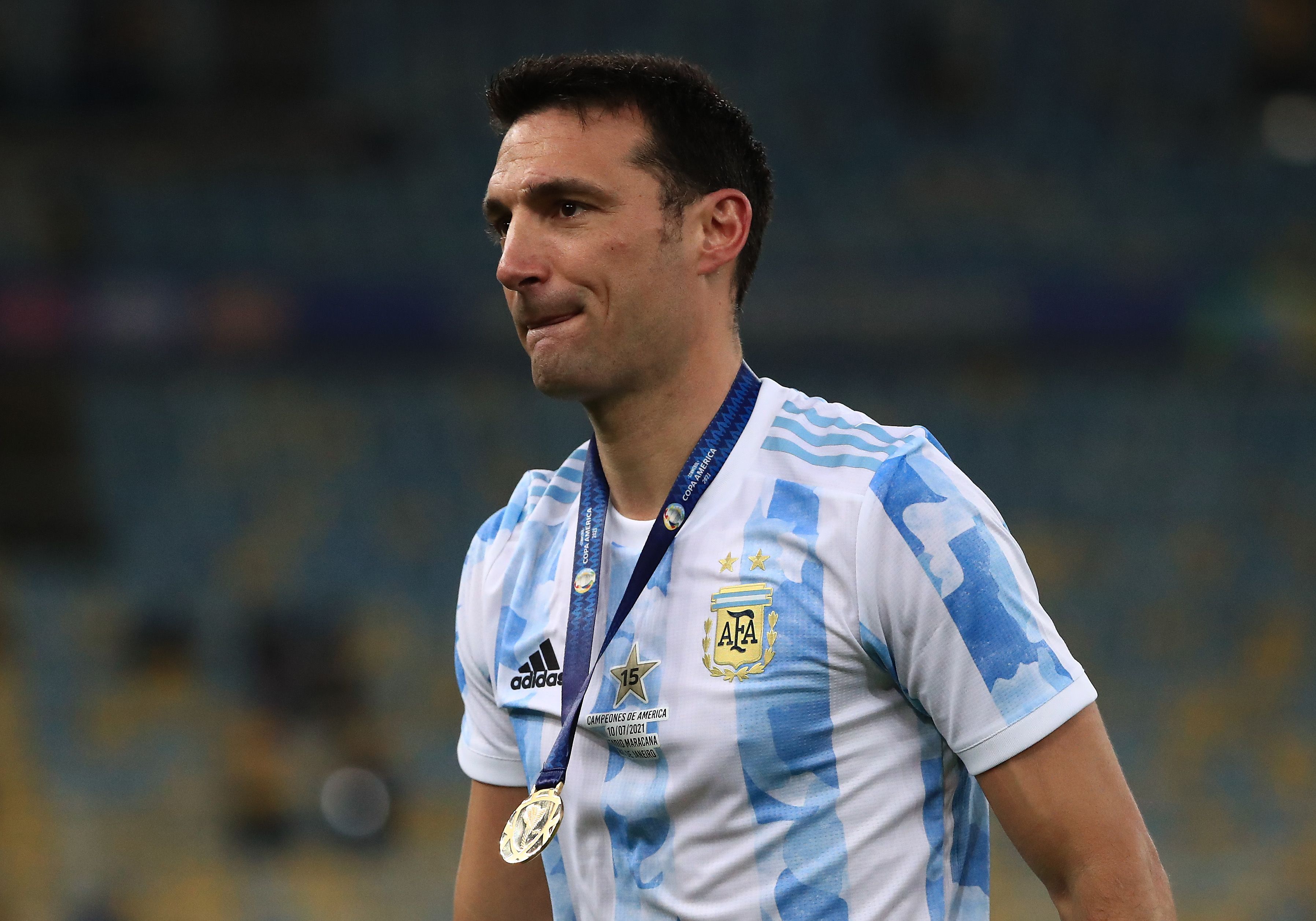 Head coach of Argentina Lionel Scaloni reacts after receiving the championship medal the final of Copa America Brazil 2021 between Brazil and Argentina at Maracana Stadium on July 10, 2021 in Rio de Janeiro, Brazil.