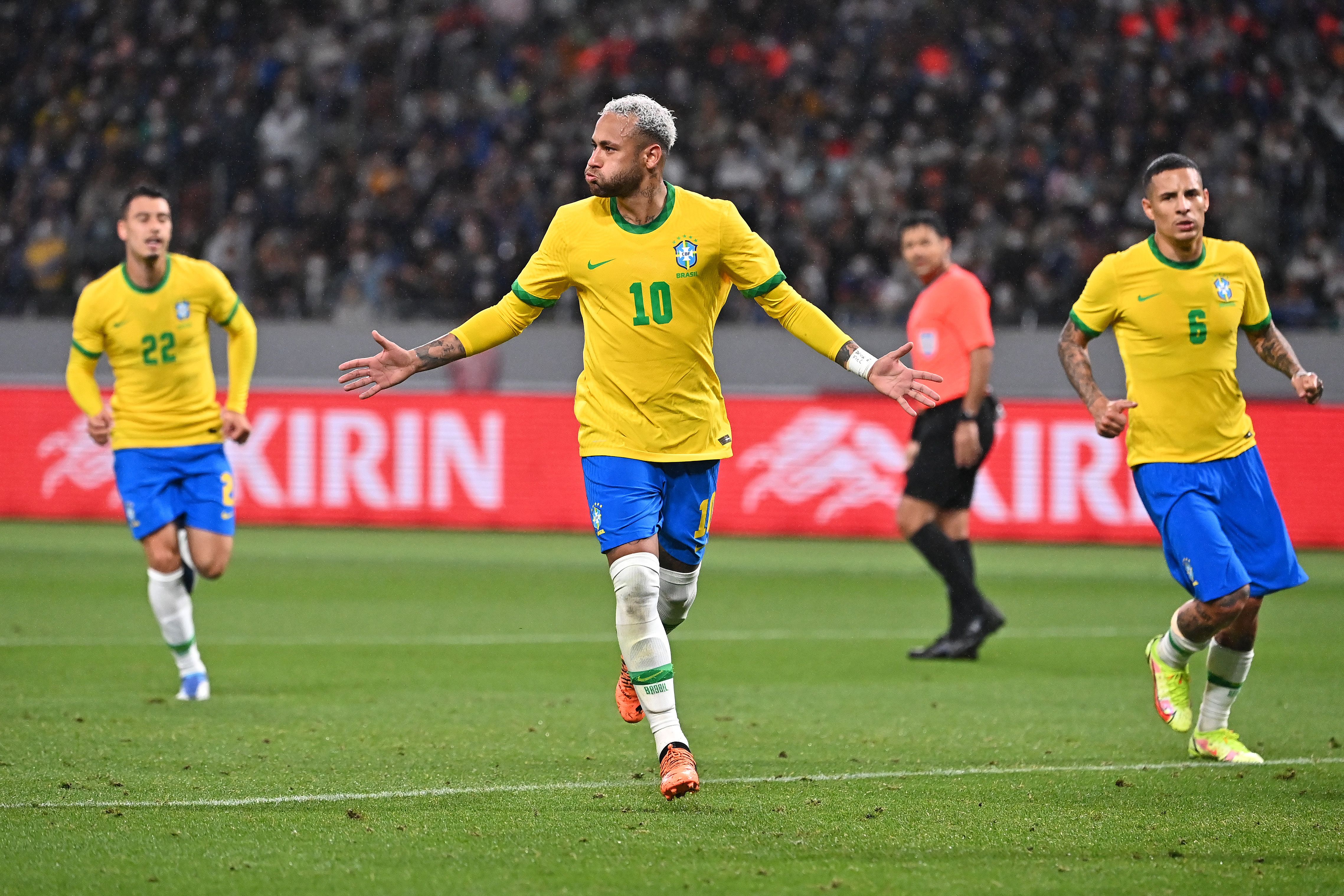 Neymar Jr. of Brazil celebrates scoring his side's first goal during the international friendly match between Japan and Brazil at National Stadium on June 6, 2022 in Tokyo, Japan