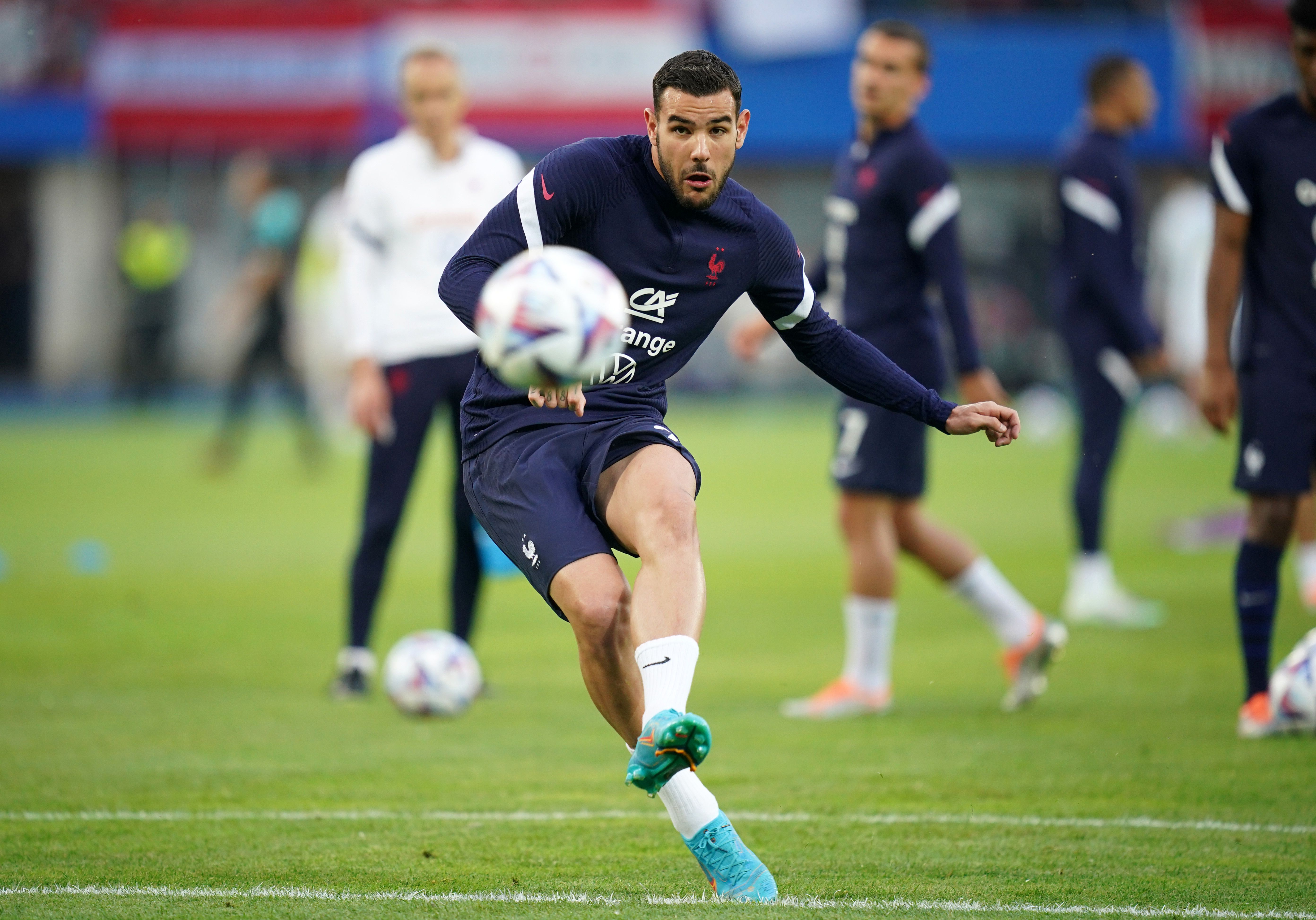 Theo Hernandez of France warms up prior to the UEFA Nations League - League A Group 1 match between Austria and France at Ernst Happel Stadion on June 10, 2022 in Vienna, Austria