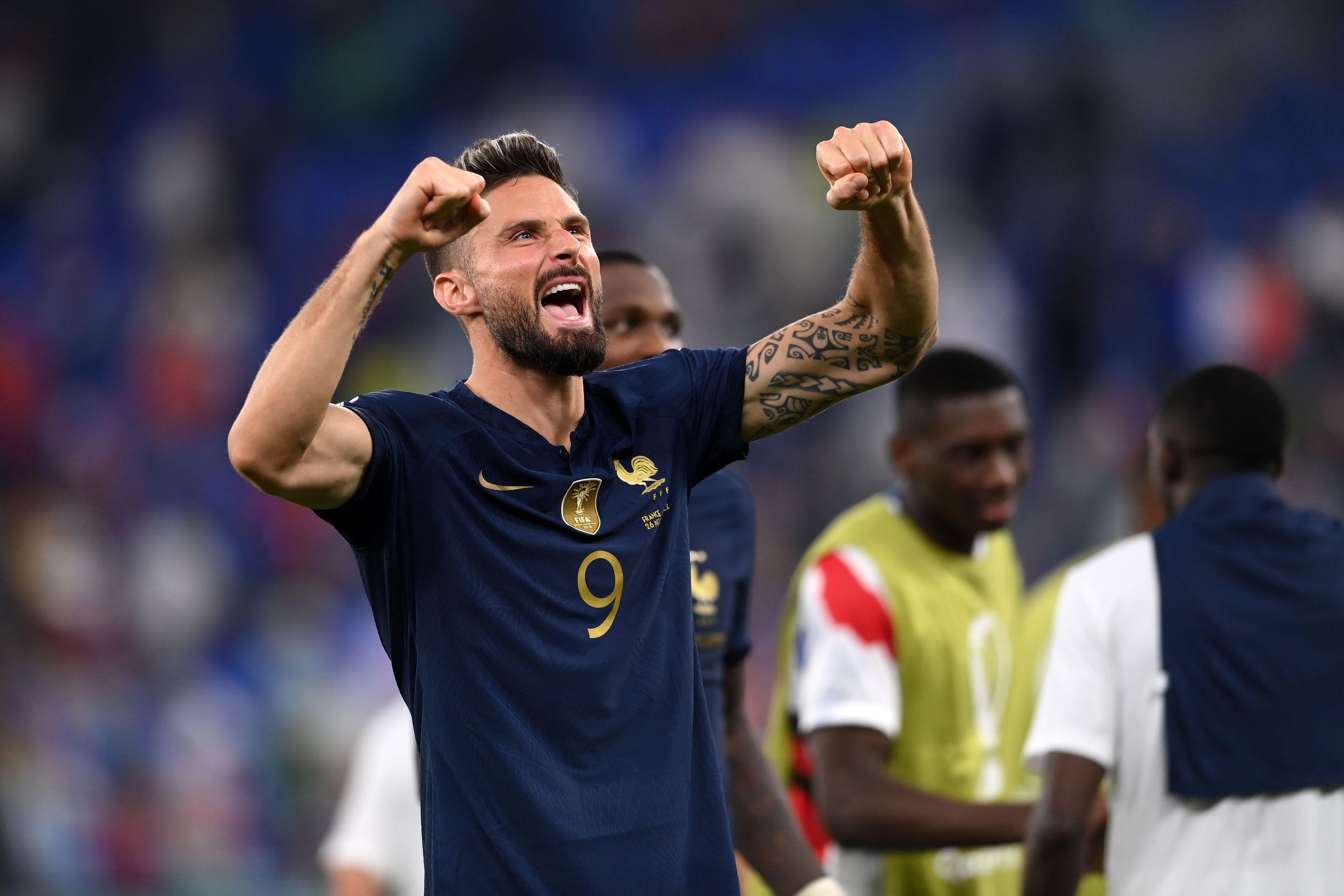 Olivier Giroud of France celebrates after the 2-1 win during the FIFA World Cup Qatar 2022 Group D match between France and Denmark at Stadium 974 on November 26, 2022 in Doha, Qatar