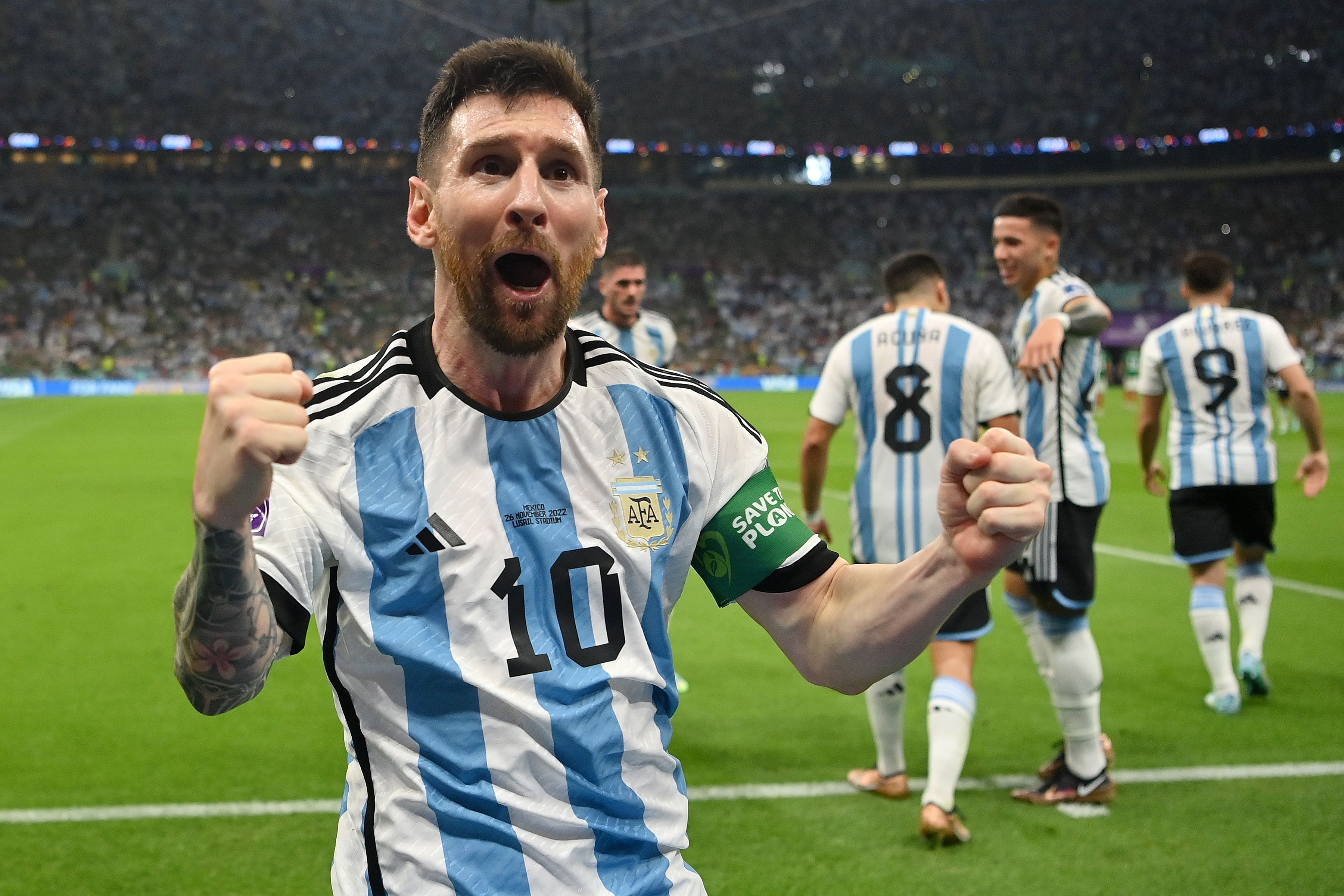 Lionel Messi of Argentina celebrates scoring their team's first goal