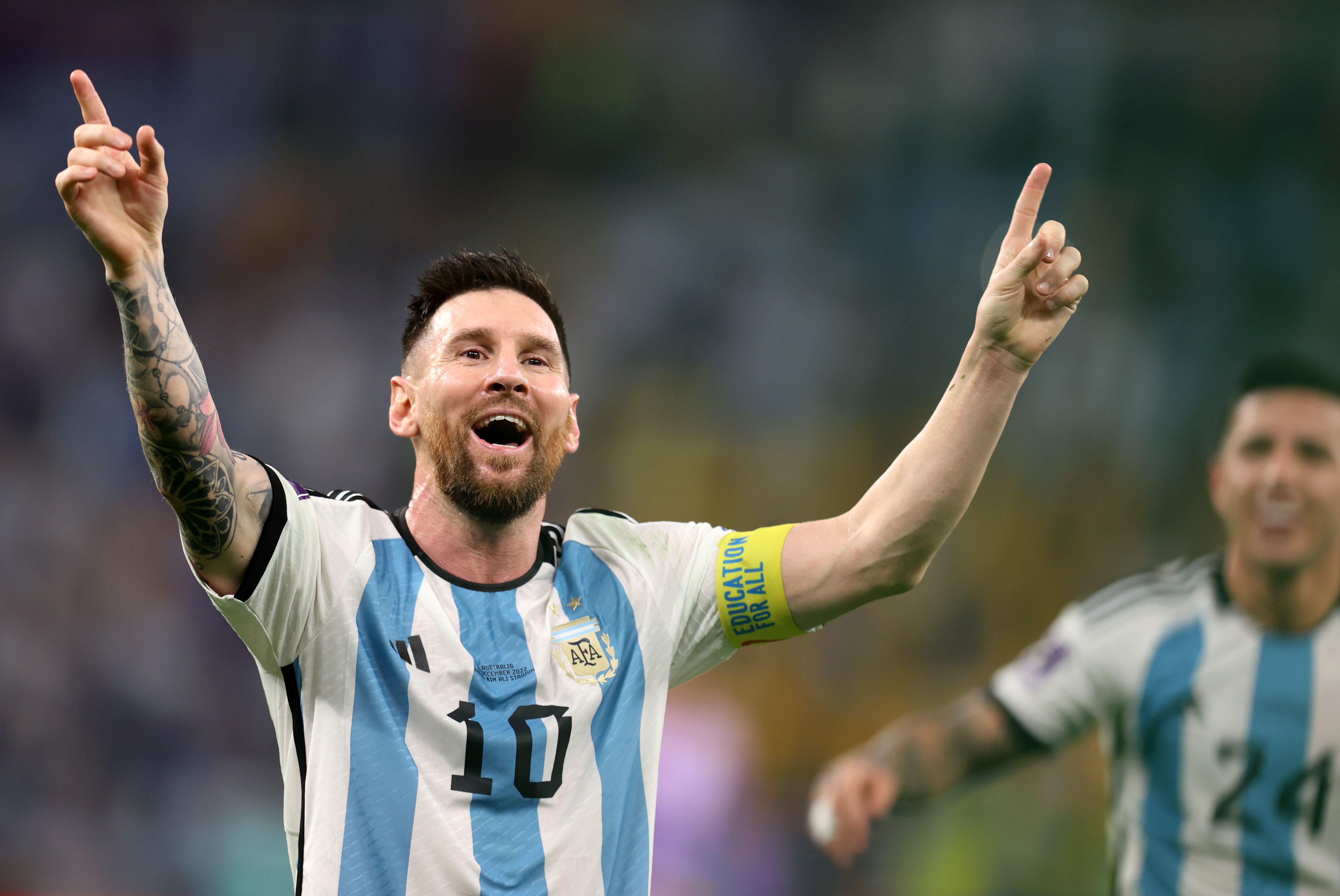 Lionel Messi of Argentina celebrates after the team's victory during the FIFA World Cup Qatar 2022 Round of 16 match between Argentina and Australia at Ahmad Bin Ali Stadium on December 03, 2022 in Doha, Qatar