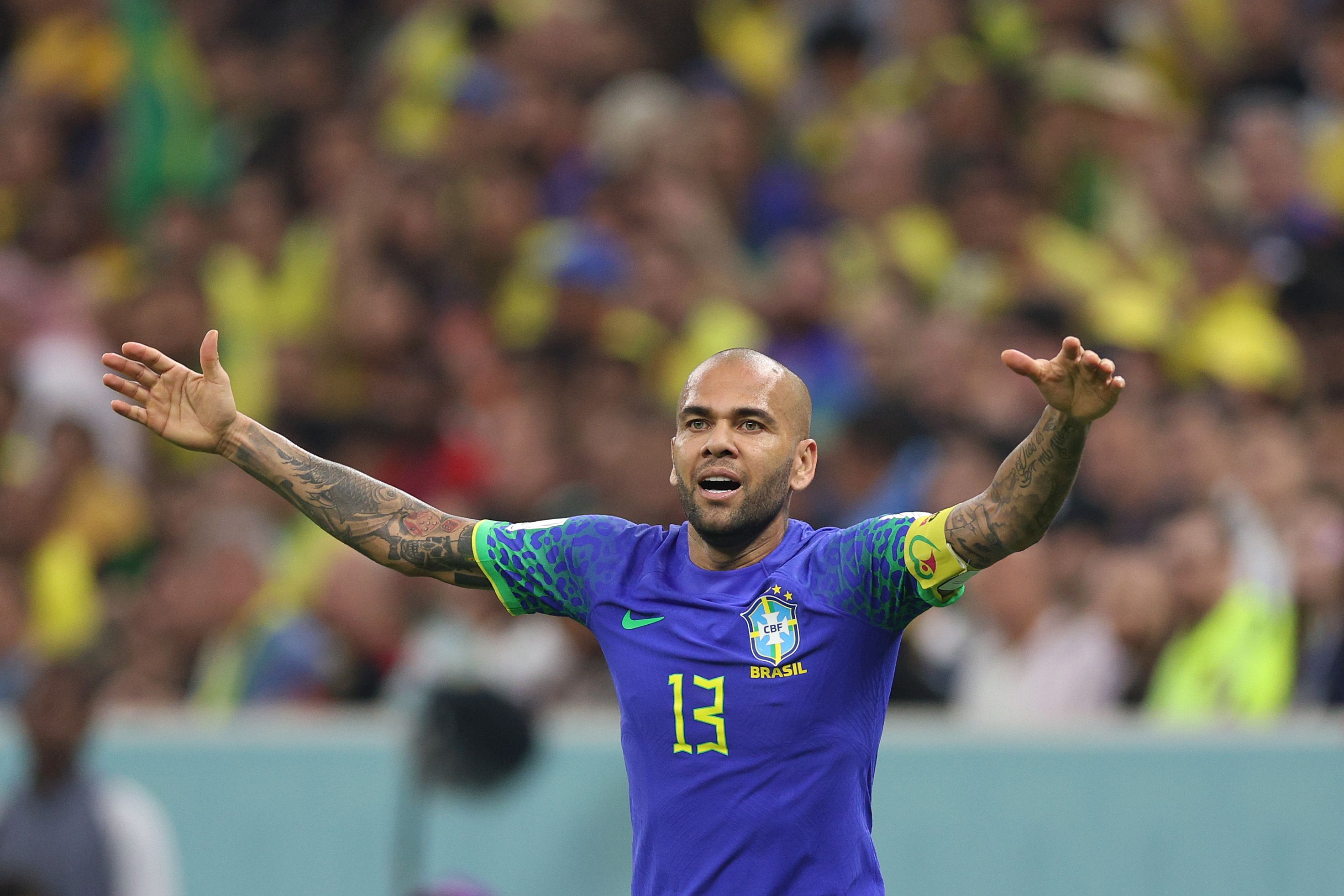 Dani Alves of Brazil in action during the FIFA World Cup Qatar 2022 Group G match between Cameroon and Brazil at Lusail Stadium on December 02, 2022 in Lusail City, Qatar