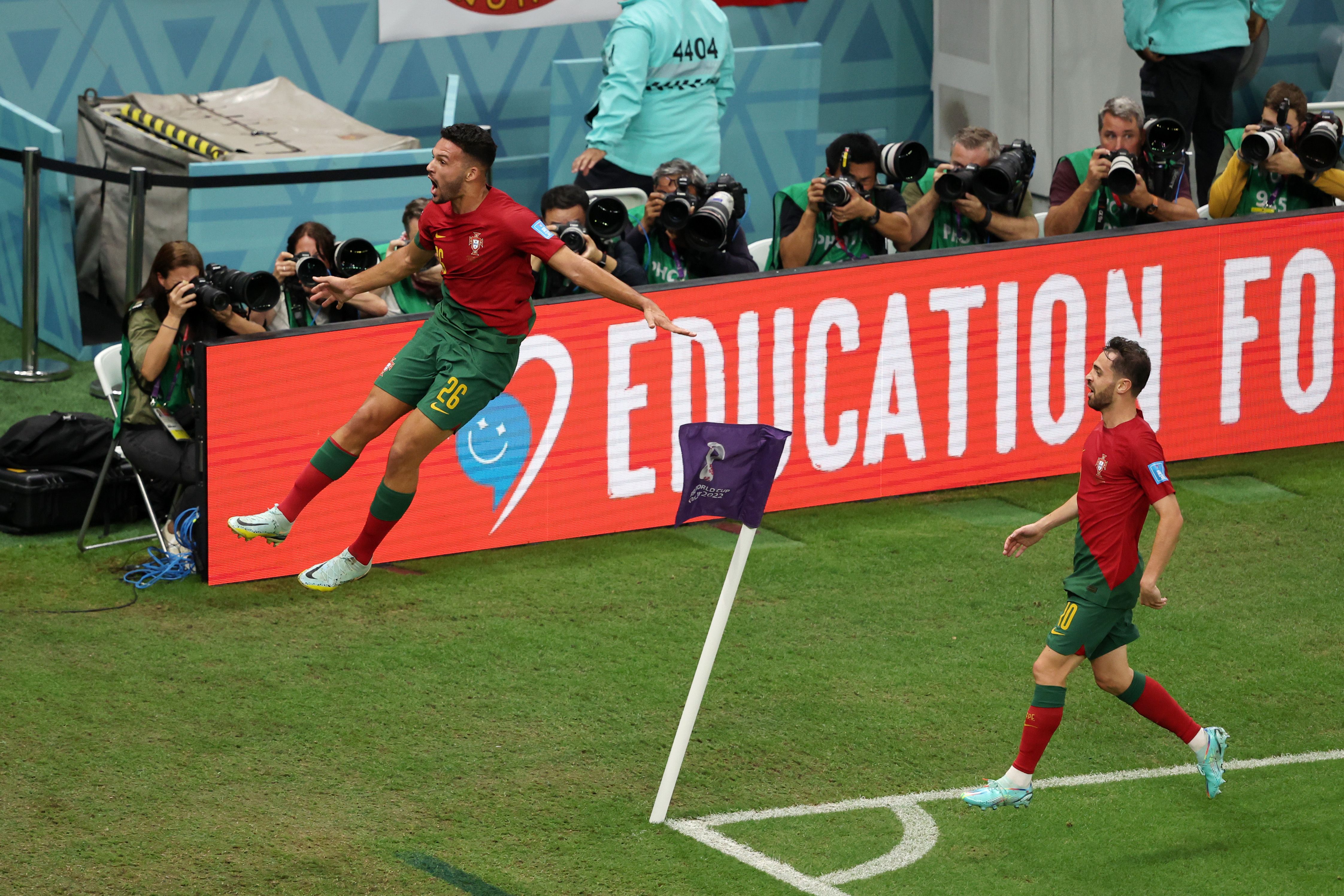 Goncalo Ramos and Bernardo Silva celebtrate a Portugal goal