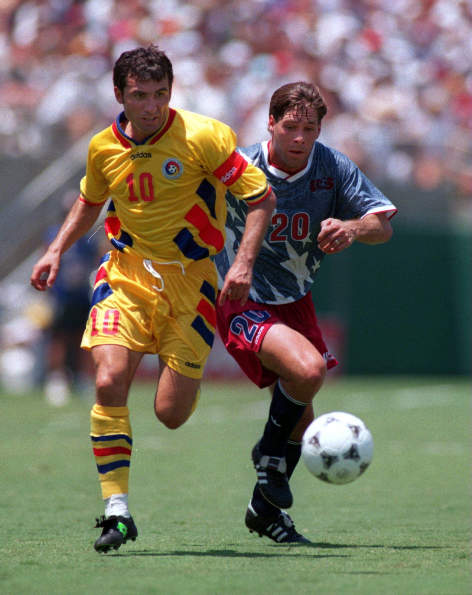 Hagi chases the ball at the 1994 World Cup.