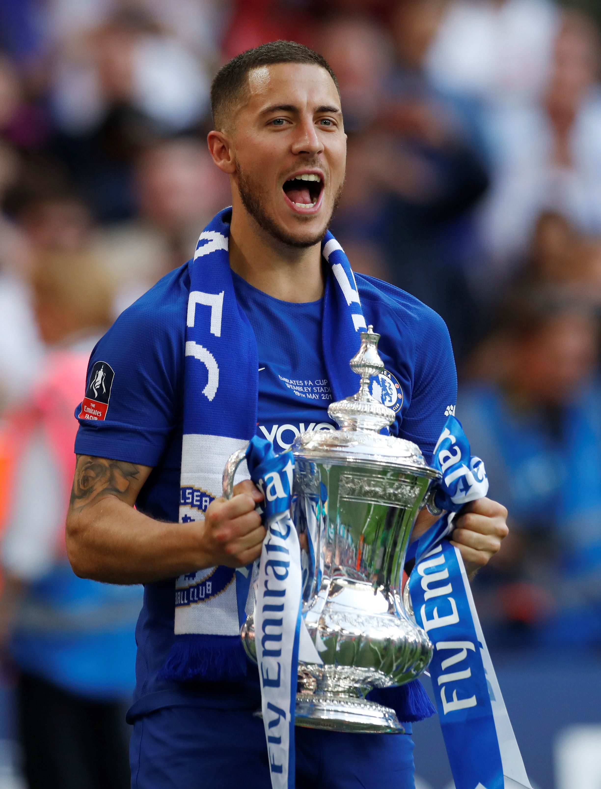 Hazard celebrates with the FA Cup.