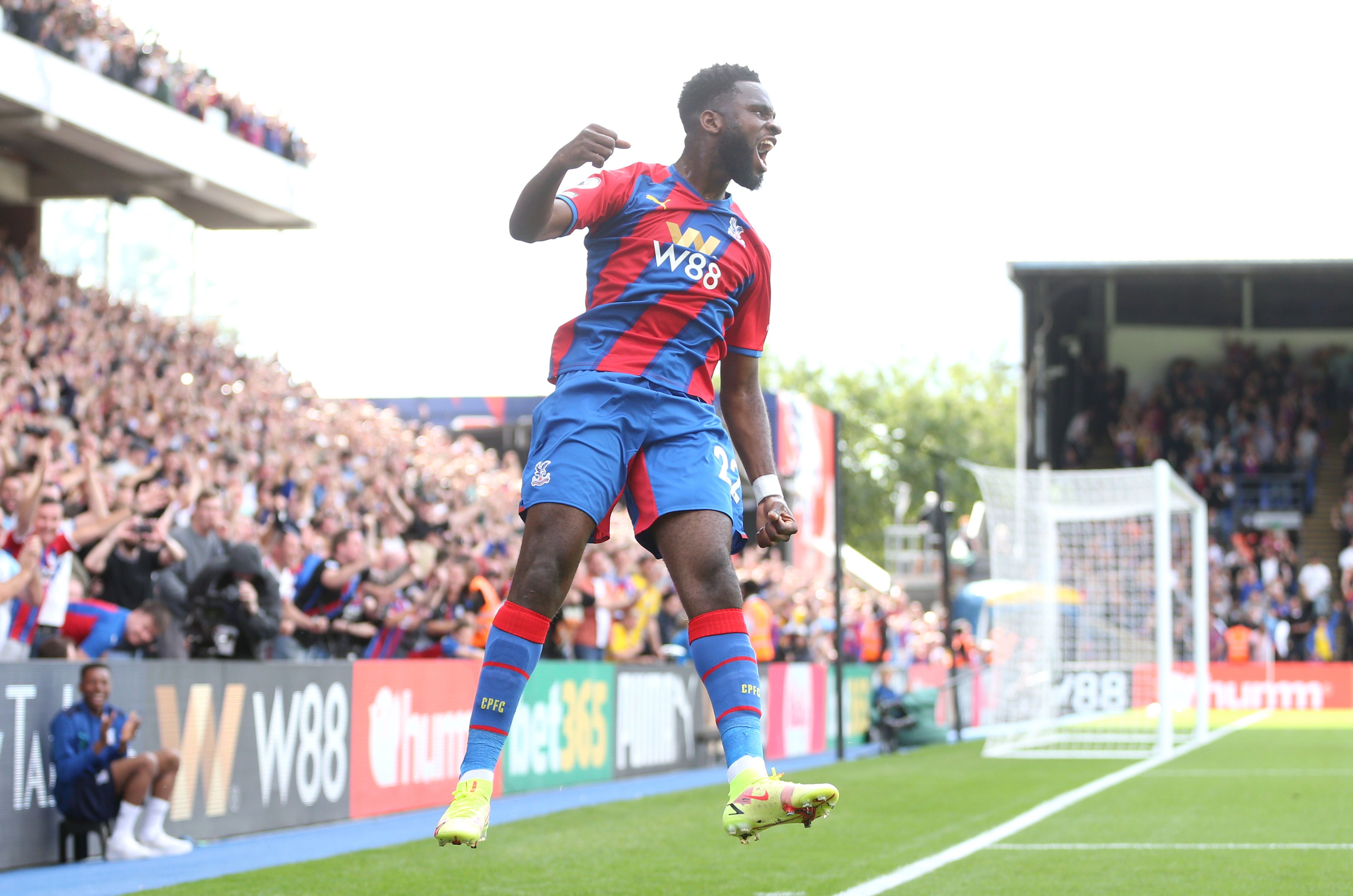 Odsonne Edouard of Crystal Palace celebrates after scoring their side's third goal during the Premier League match between Crystal Palace and Tottenham Hotspur at Selhurst Park on September 11, 2021 in London, England.