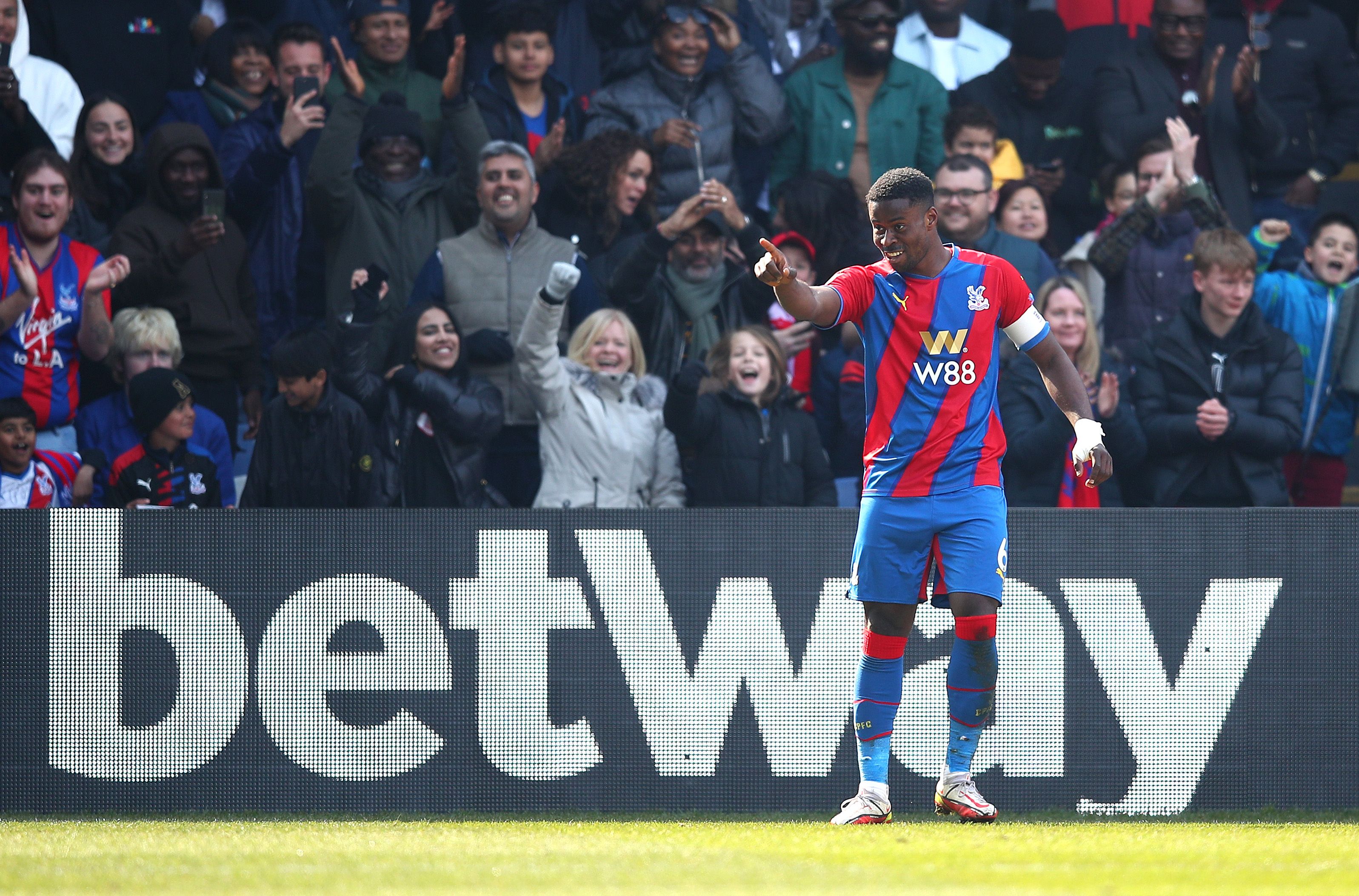  Marc Guehi of Crystal Palace celebrates after scoring their side's first goal during the Emirates FA Cup Quarter Final match between Crystal Palace and Everton at Selhurst Park on March 20, 2022 in London, England.