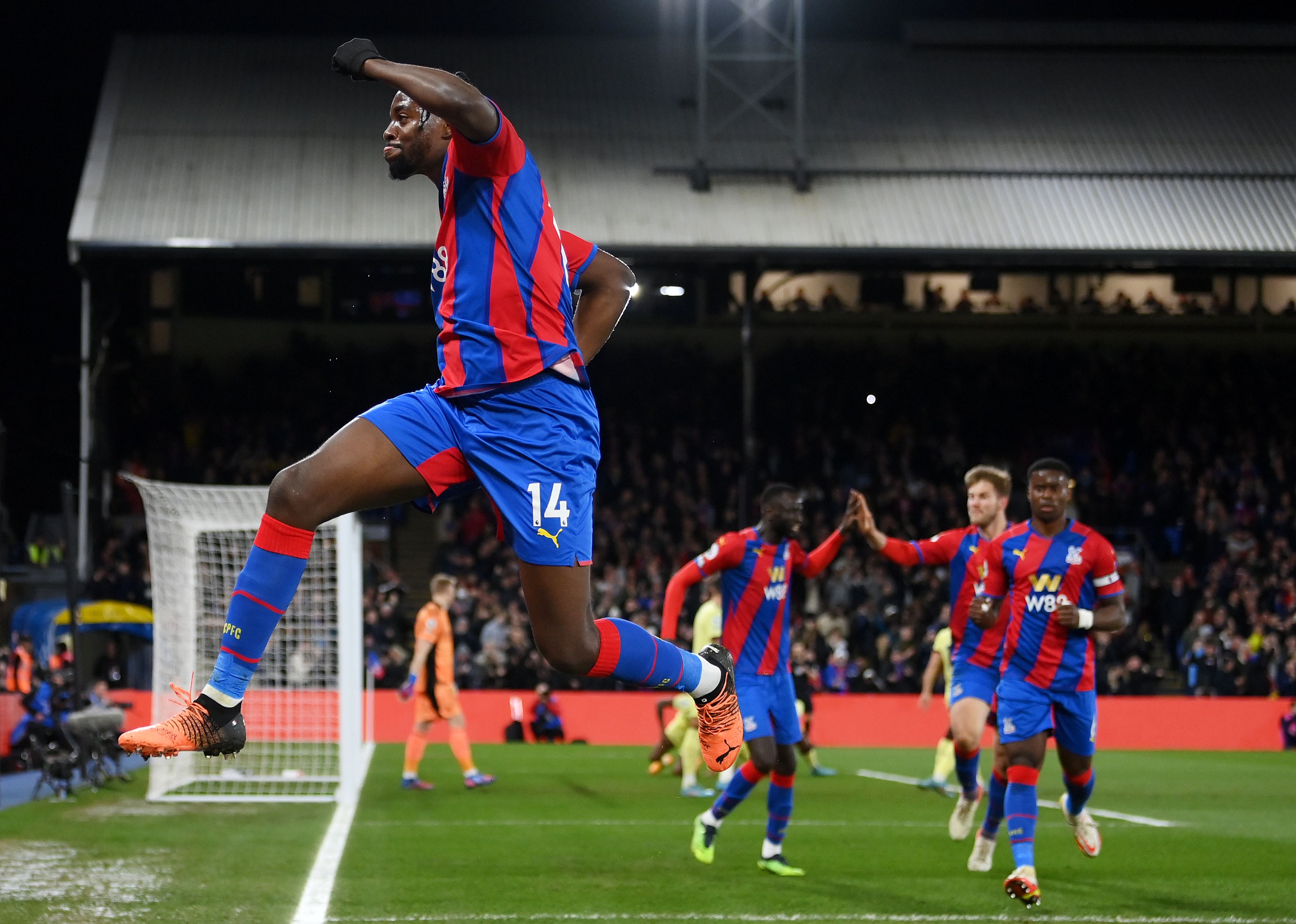 Jean-Philippe Mateta of Crystal Palace celebrates after scoring their side's first goal during the Premier League match between Crystal Palace and Arsenal at Selhurst Park on April 04, 2022 in London, England.