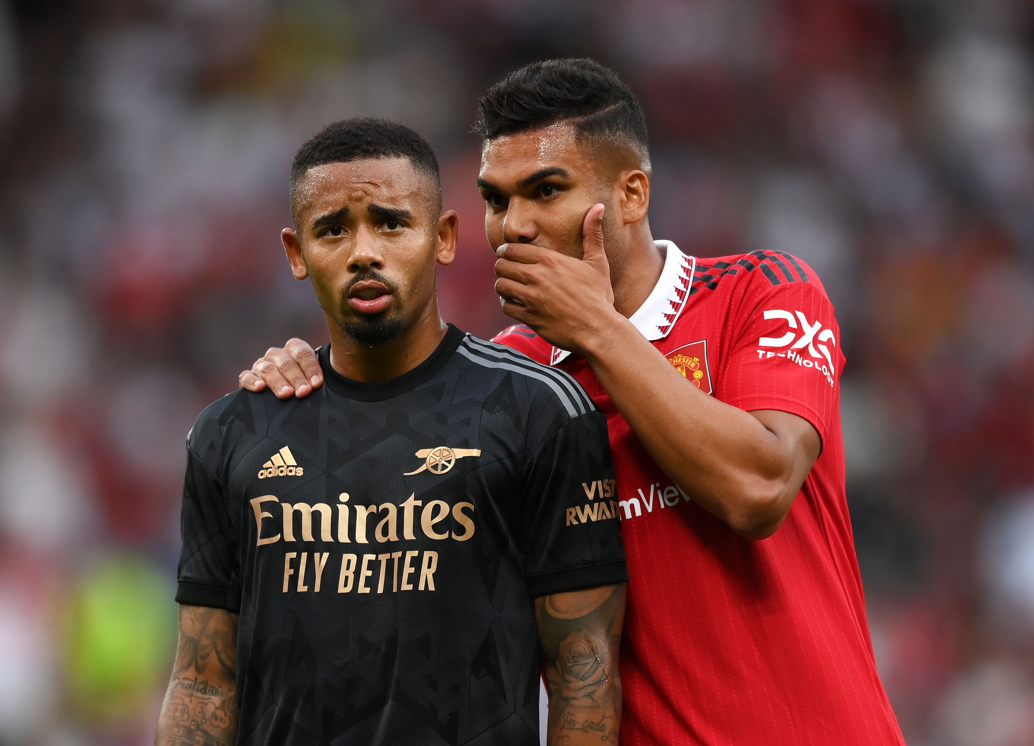 Gabriel Jesus of Arsenal interacts with Casemiro of Manchester United during the Premier League match between Manchester United and Arsenal FC at Old Trafford on September 04, 2022 in Manchester, England. 