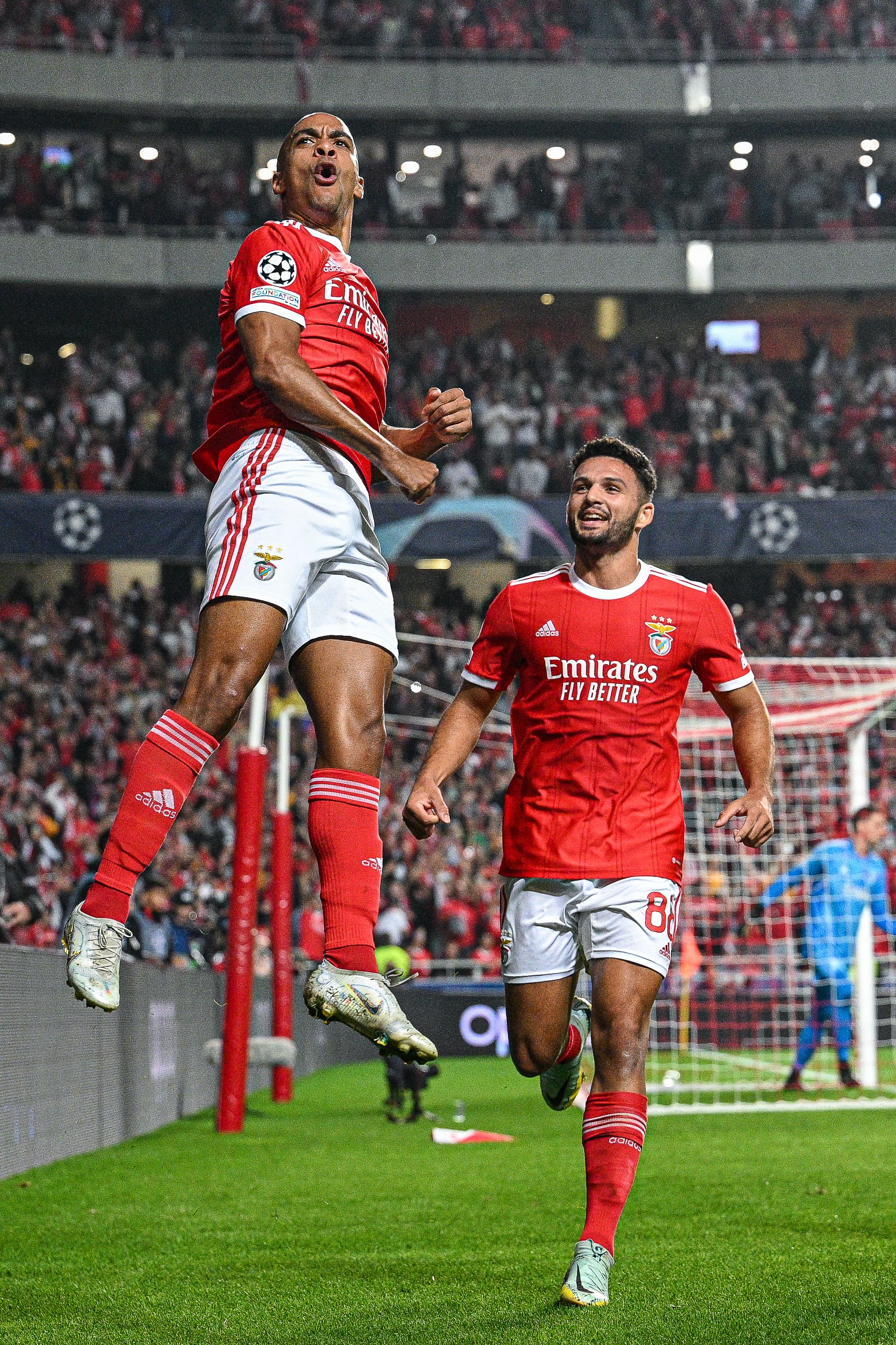 Benfica's Mario celebrates a Champions League goal.