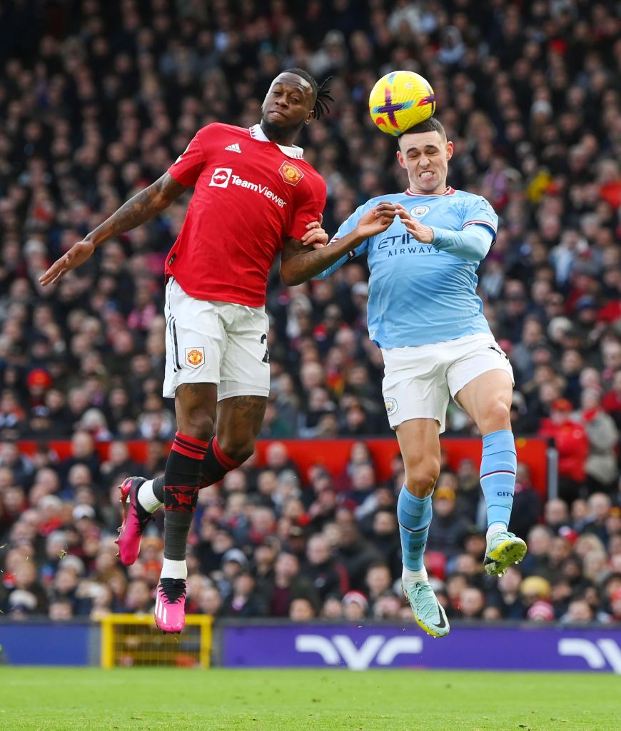 Aaron Wan-Bissaka in action for Man United vs Man City