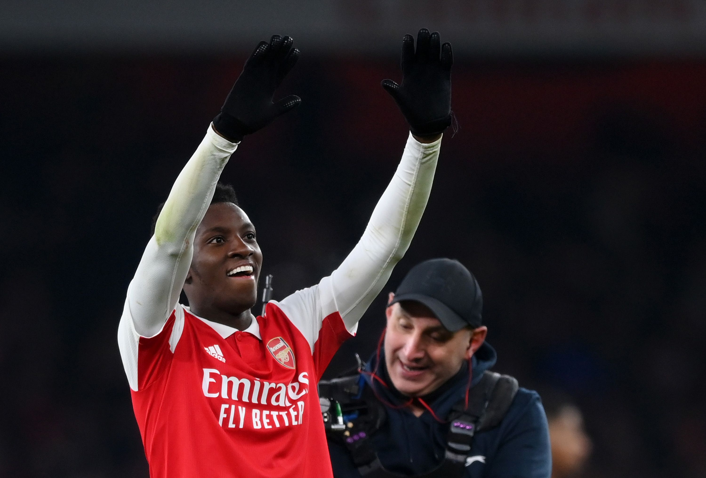 Eddie Nketiah celebrates Arsenal's win over Man Utd