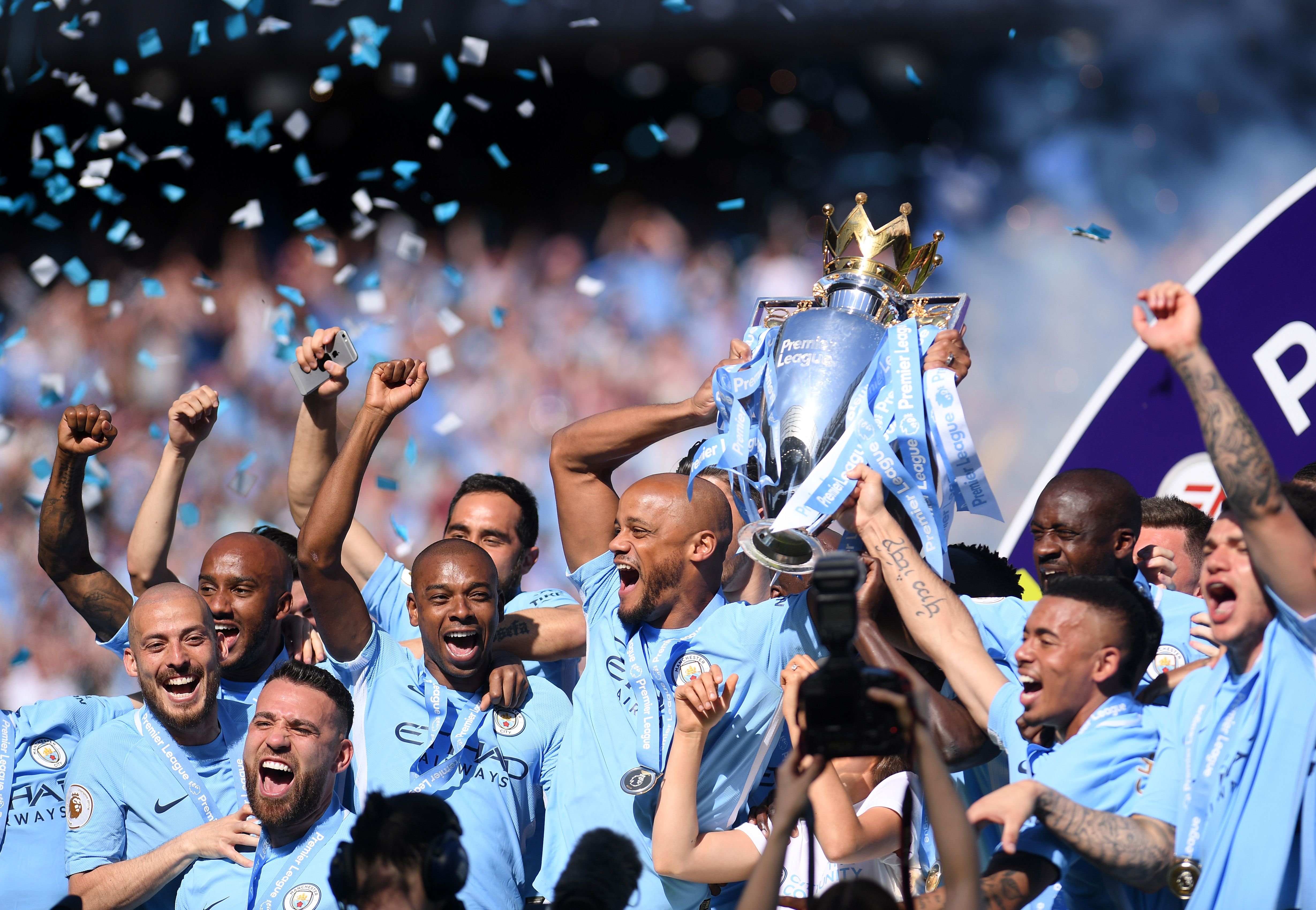 Manchester City lifting the Premier League title