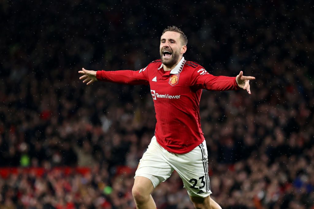 Luke Shaw celebrates scoring for Manchester United