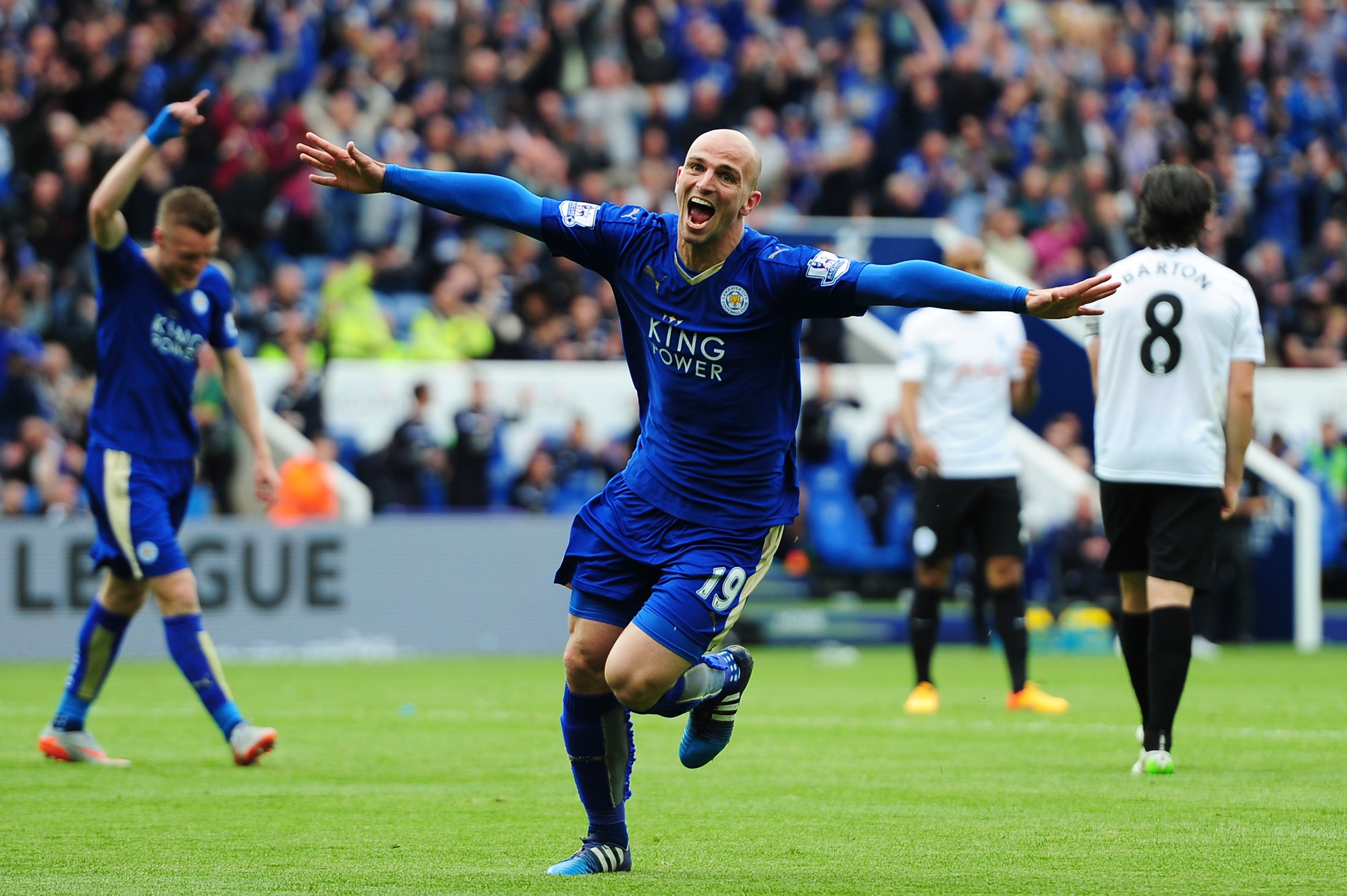 LEICESTER, ENGLAND - MAY 24: Esteban Cambiasso of Leicester City celebrates scoring his team's fourth goal during the Barclays Premier League match between Leicester City and Queens Park Rangers at The King Power Stadium on May 24, 2015 in Leicester, England. (Photo by Dan Mullan/Getty Images)