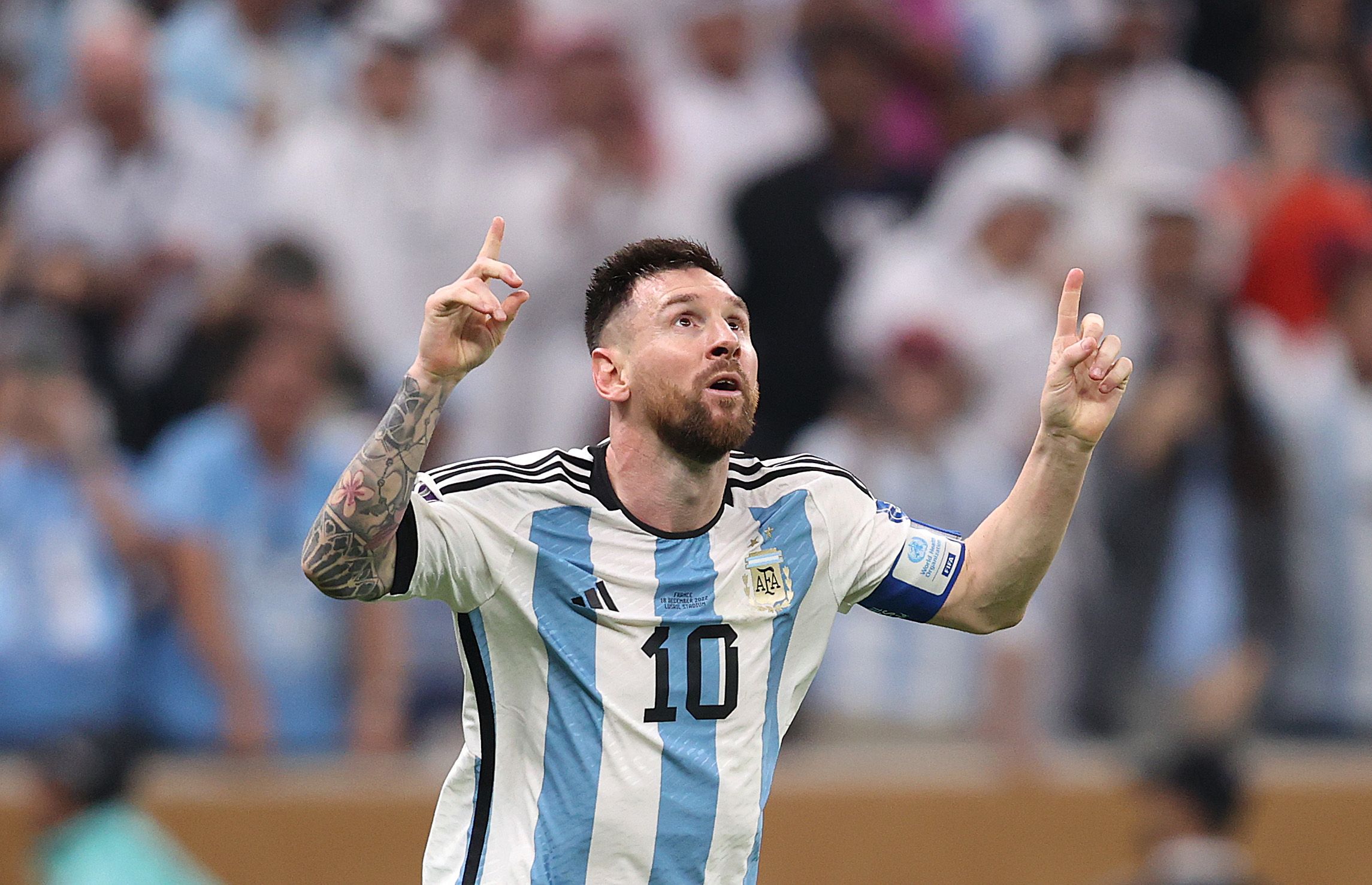 Lionel Messi celebrates at World Cup 2022