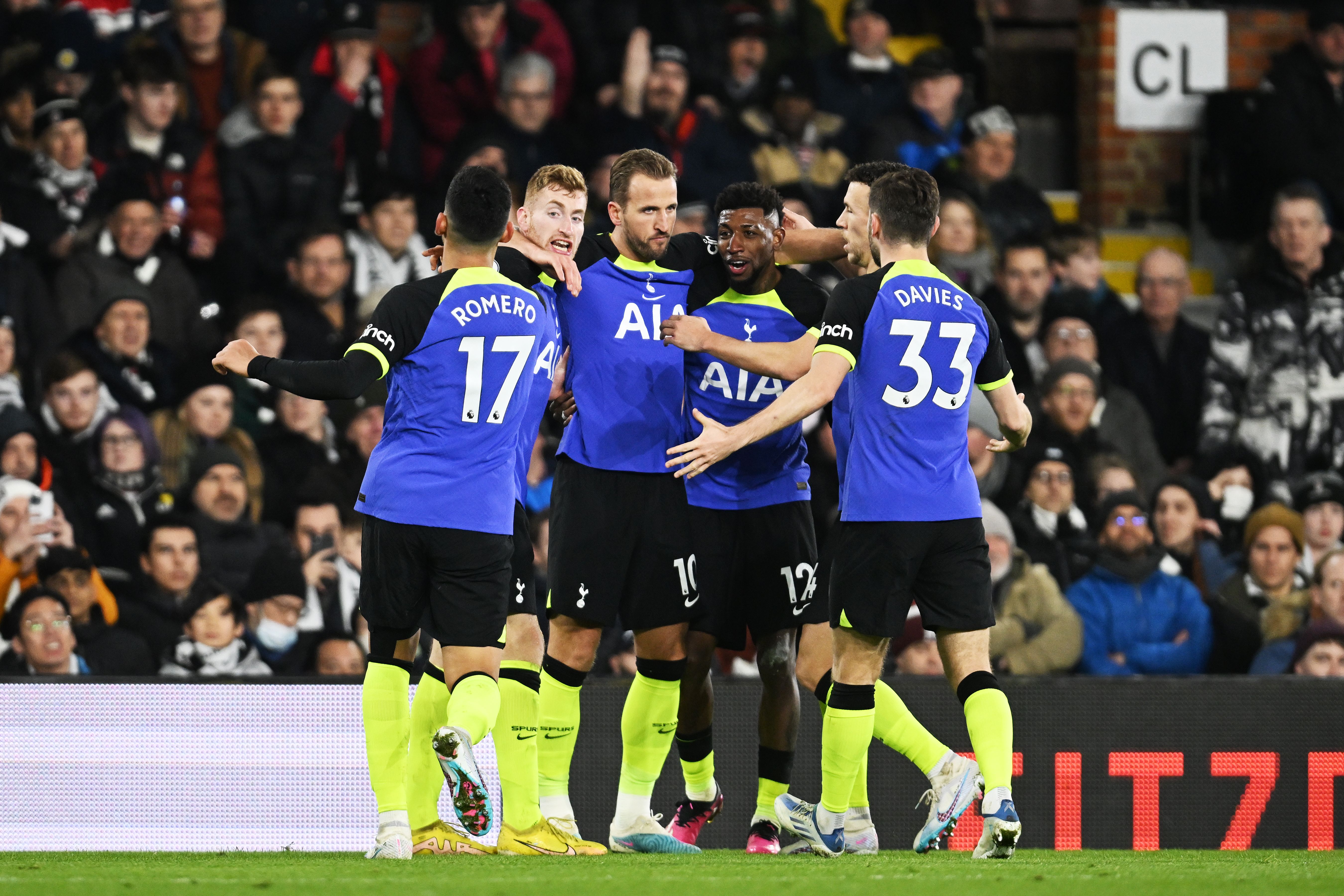 Harry Kane of Tottenham Hotspur celebrates after scoring the team's first goal during the Premier League match between Fulham FC and Tottenham Hotspur at Craven Cottage on January 23, 2023 in London, England. 