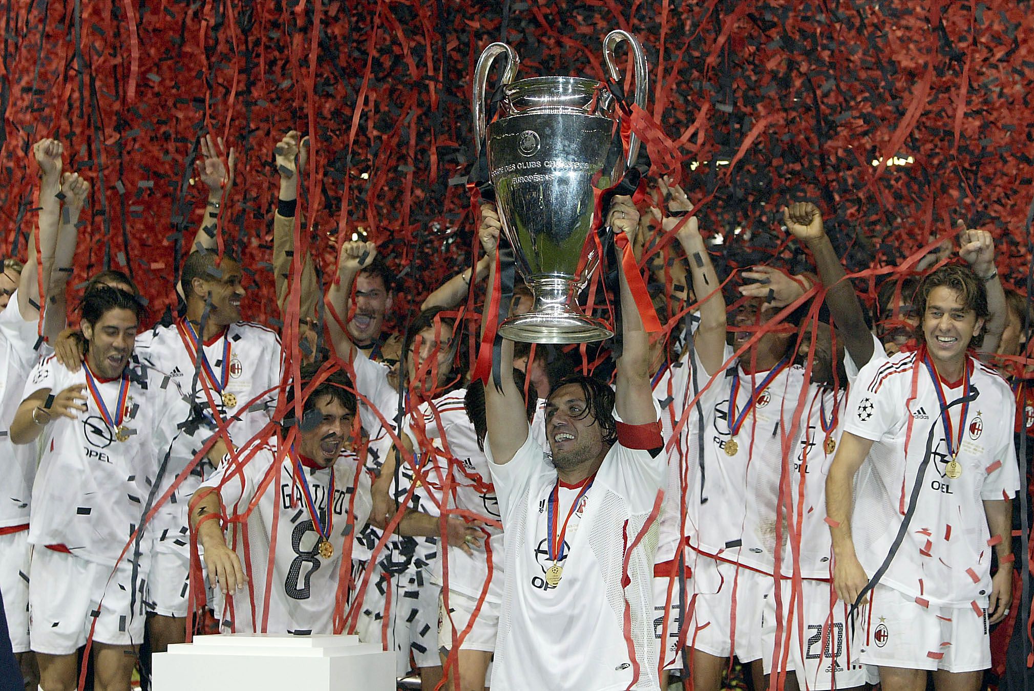 Captain Paolo Maldini if Milan lifts the trophy after winning the UEFA Champions League Final match between Juventus FC and AC Milan on May 28, 2003 at Old Trafford in Manchester, England