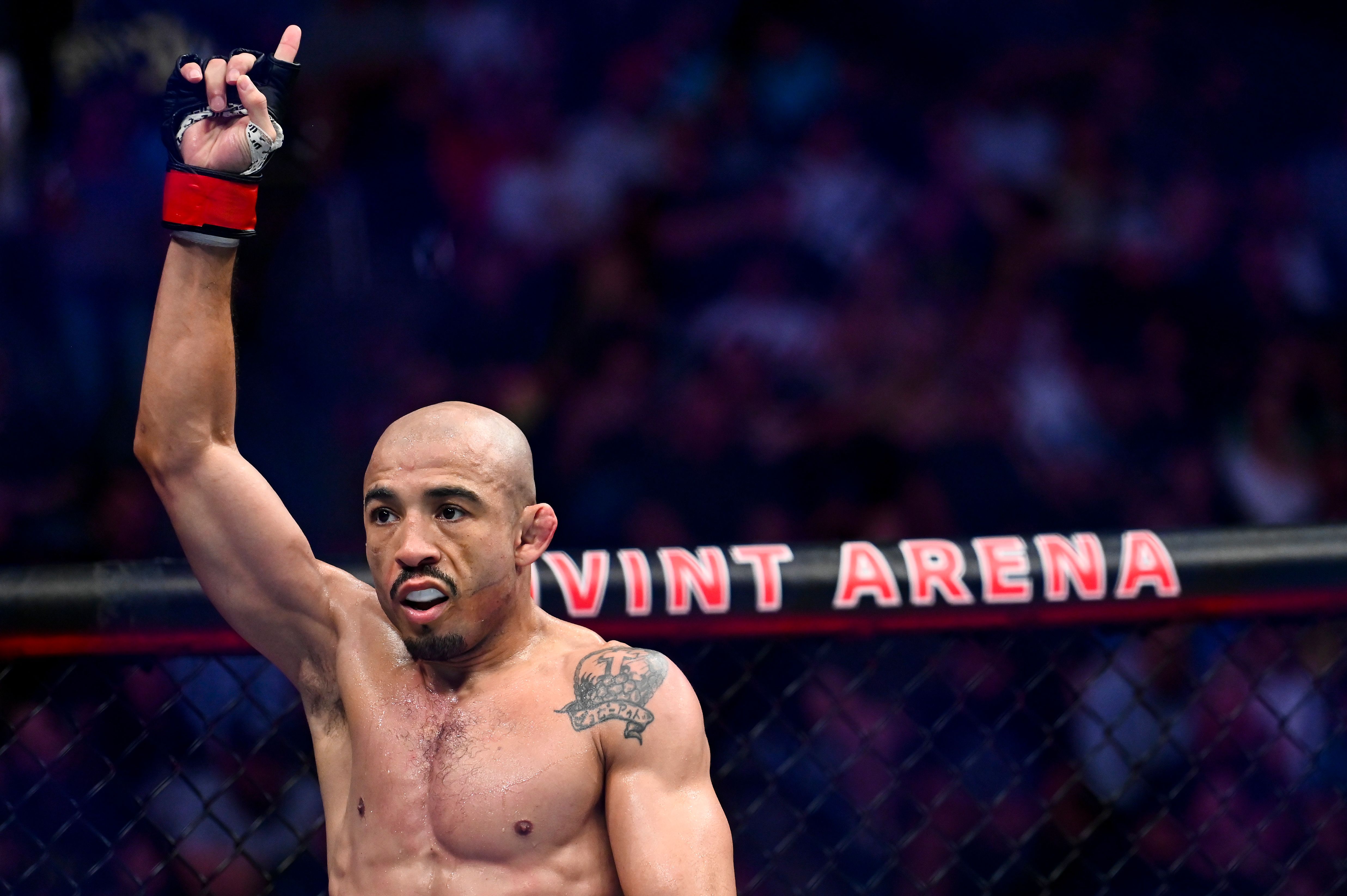 Jose Aldo of Brazil reacts after a bantamweight bout against Merab Dvalishvili