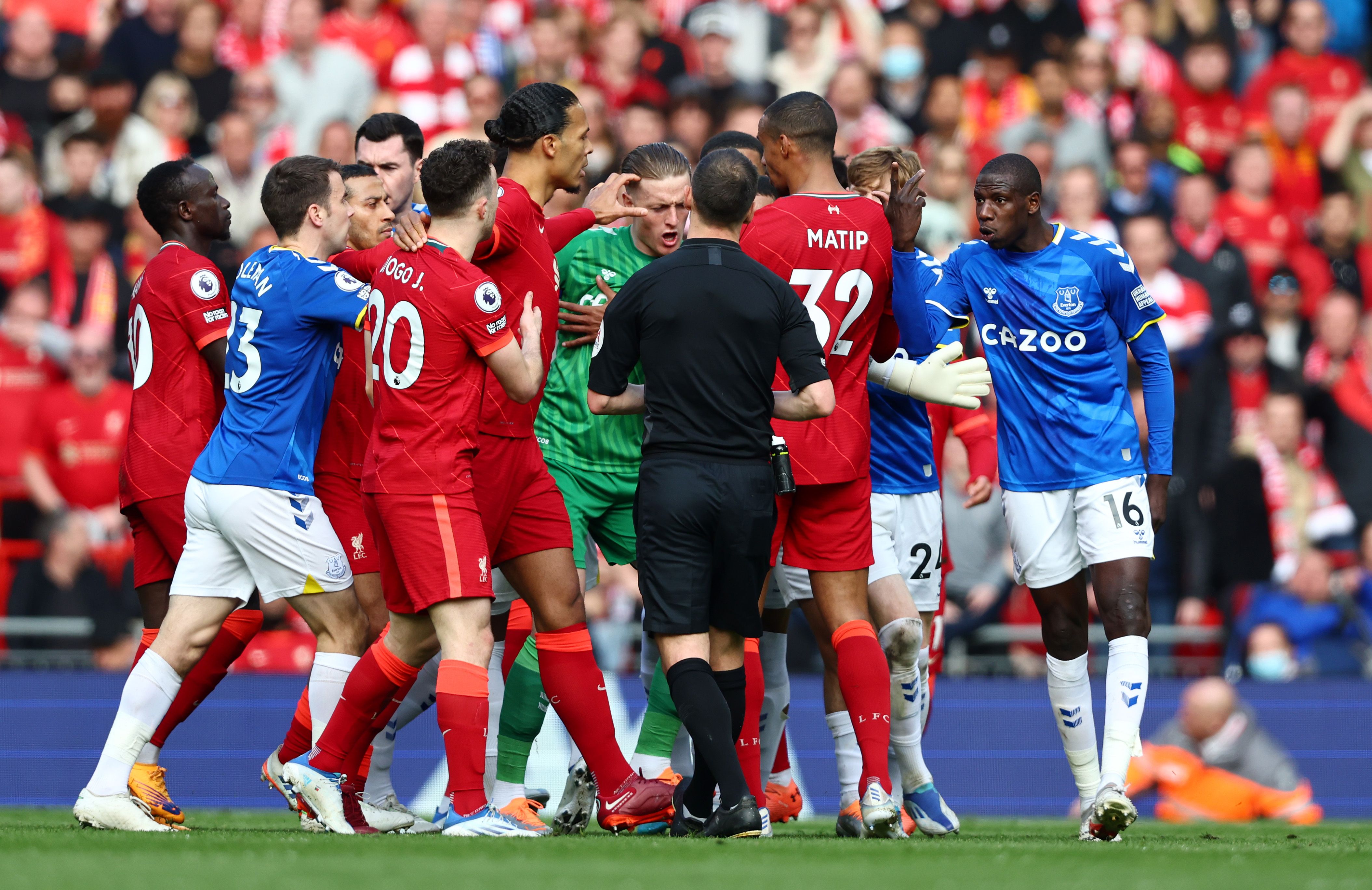 Liverpool vs Everton: Alisson mocking Jordan Pickford during 2022 derby ...