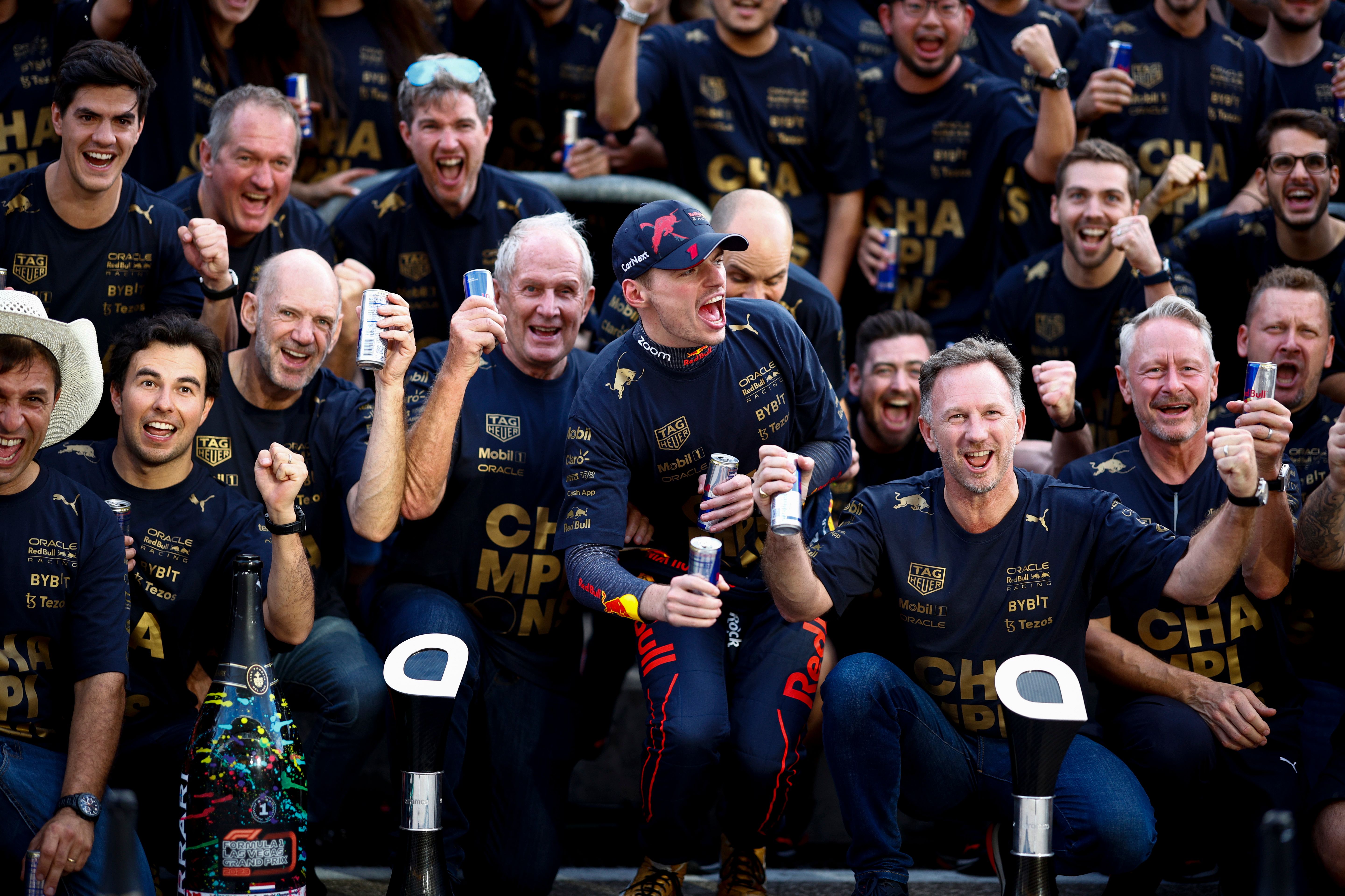 Race winner Max Verstappen of the Netherlands and Oracle Red Bull Racing celebrates winning the F1 World Constructors Championship with his team after the F1 Grand Prix of USA at Circuit of The Americas on October 23, 2022 in Austin, Texas.