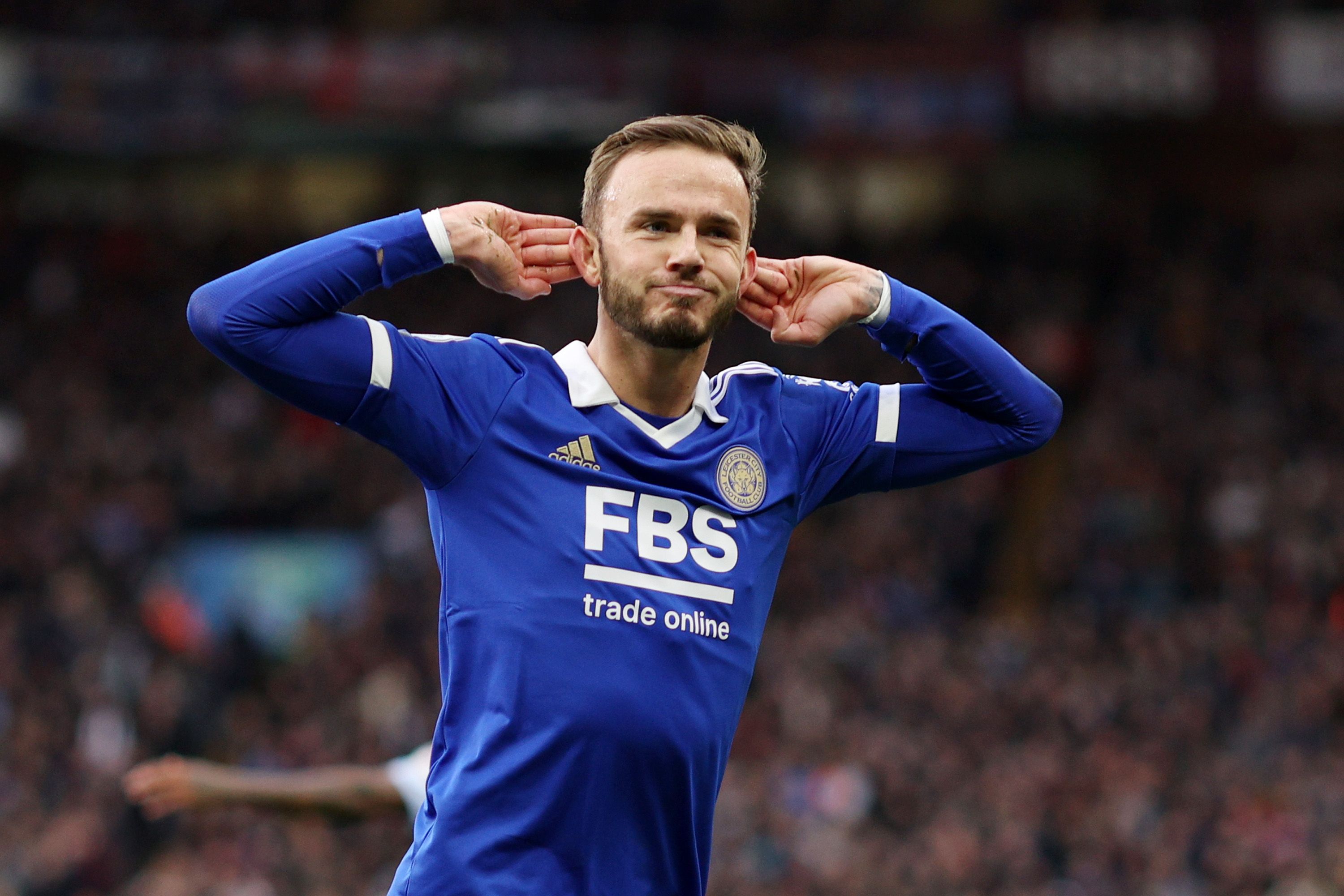 FEBRUARY 04: James Maddison of Leicester City celebrates after scoring their sides first goal during the Premier League match between Aston Villa and Leicester City at Villa Park on February 04, 2023 in Birmingham, England.