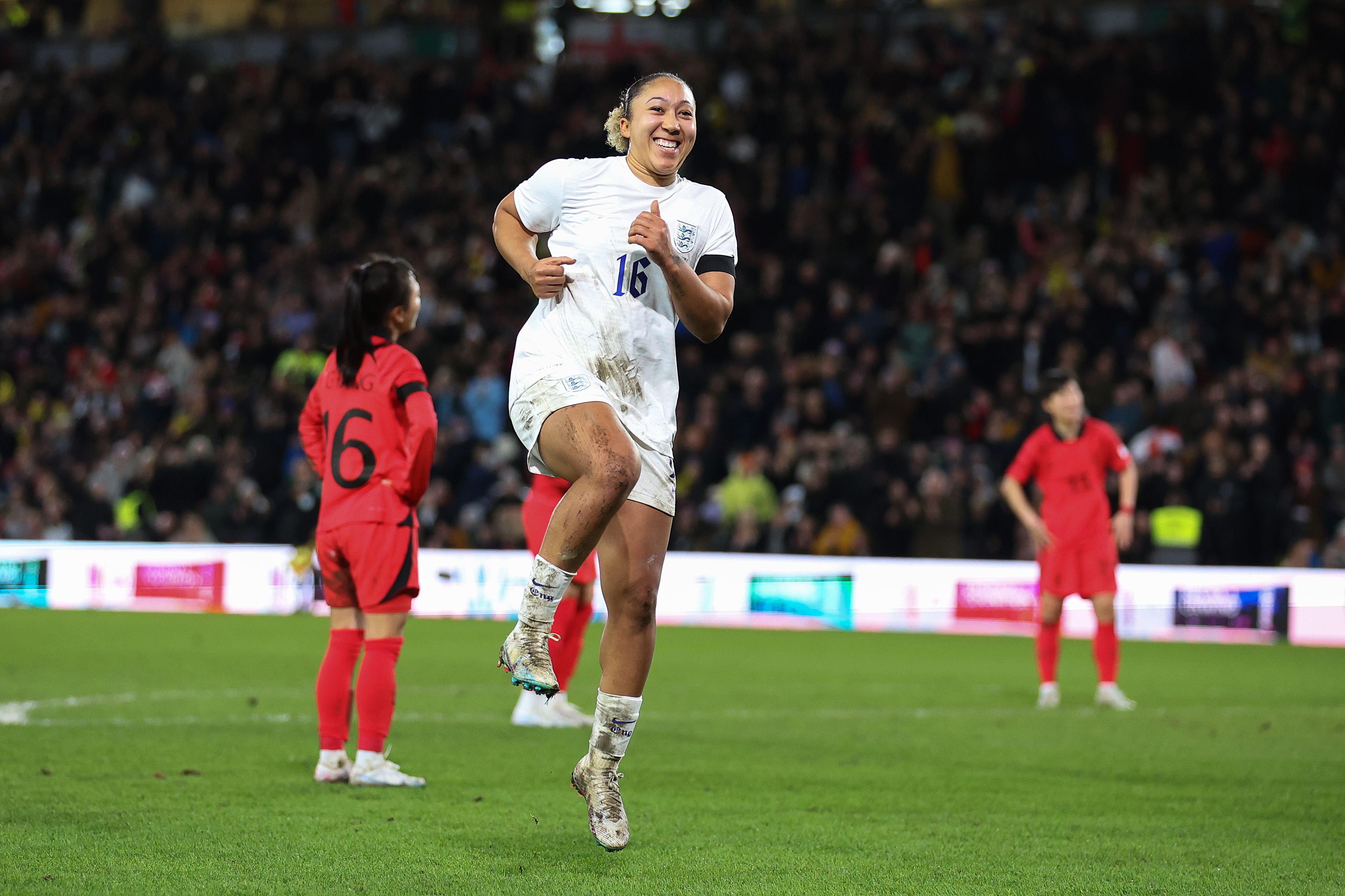 Lauren James celebrating her first goal for England