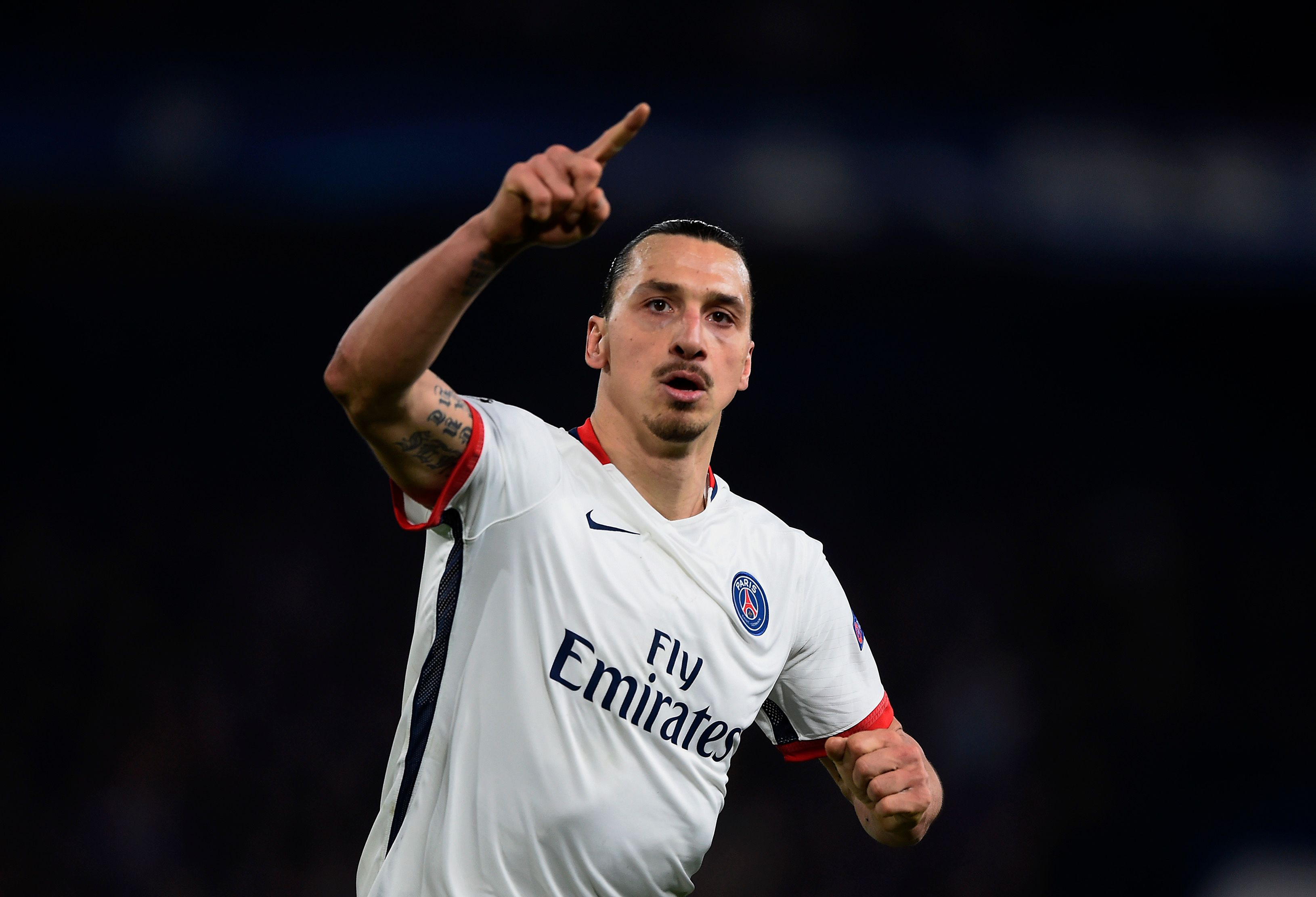  Zlatan Ibrahimovic of PSG celebrates after scoring his team's second goal during the UEFA Champions League round of 16, second leg match between Chelsea and Paris Saint Germain at Stamford Bridge on March 9, 2016 in London, United Kingdom