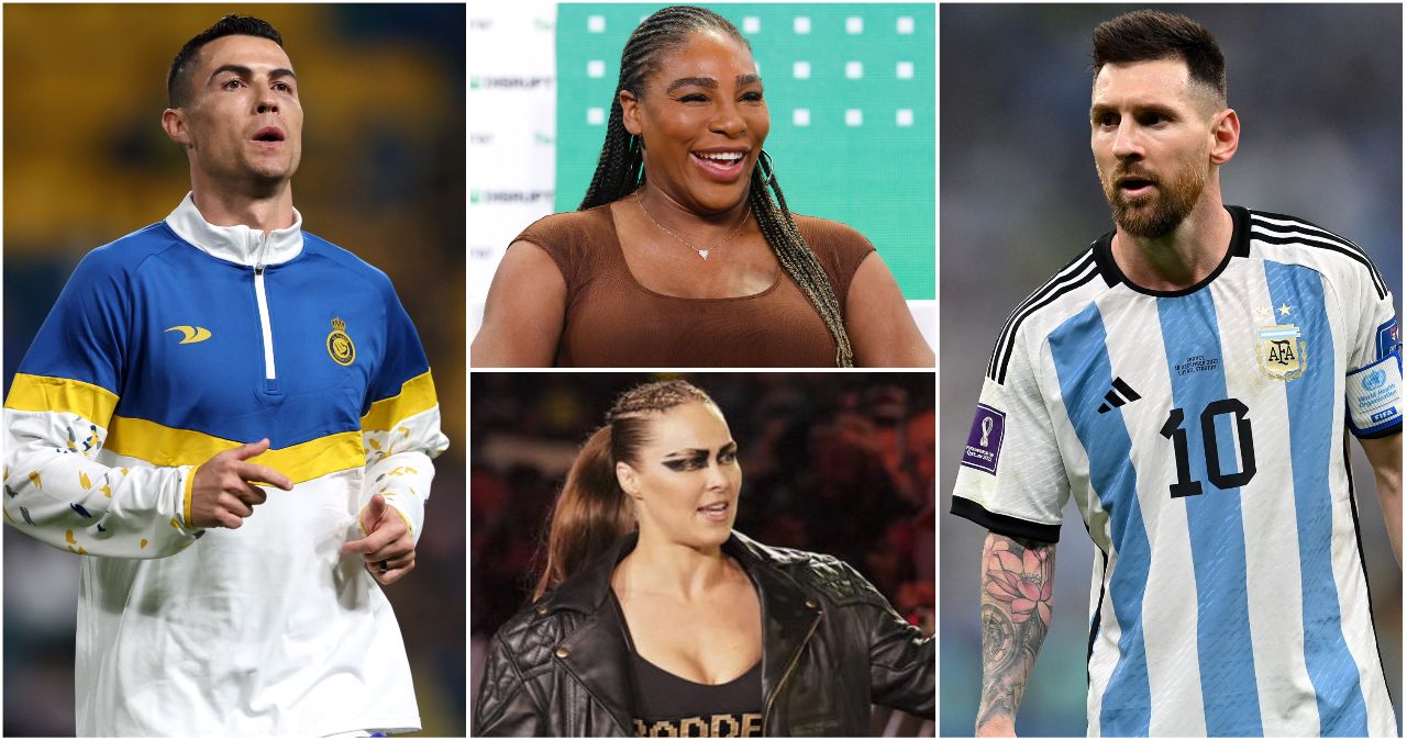 Split image of Cristiano Ronaldo on the left, Serena Williams and Ronda Rousey in two middle squares, and Lionel Messi on the right