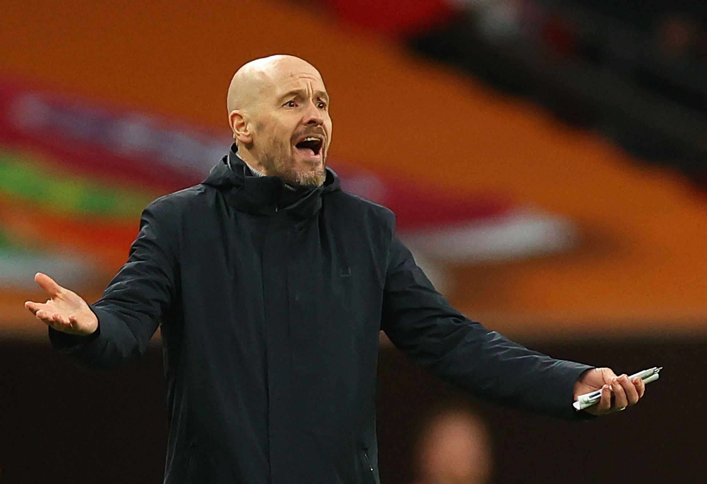 Manchester United manager Erik ten Hag animated during game