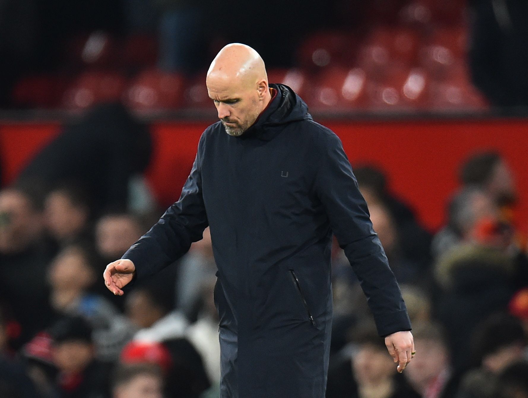 Manchester United manager Erik ten Hag looking disappointed after game