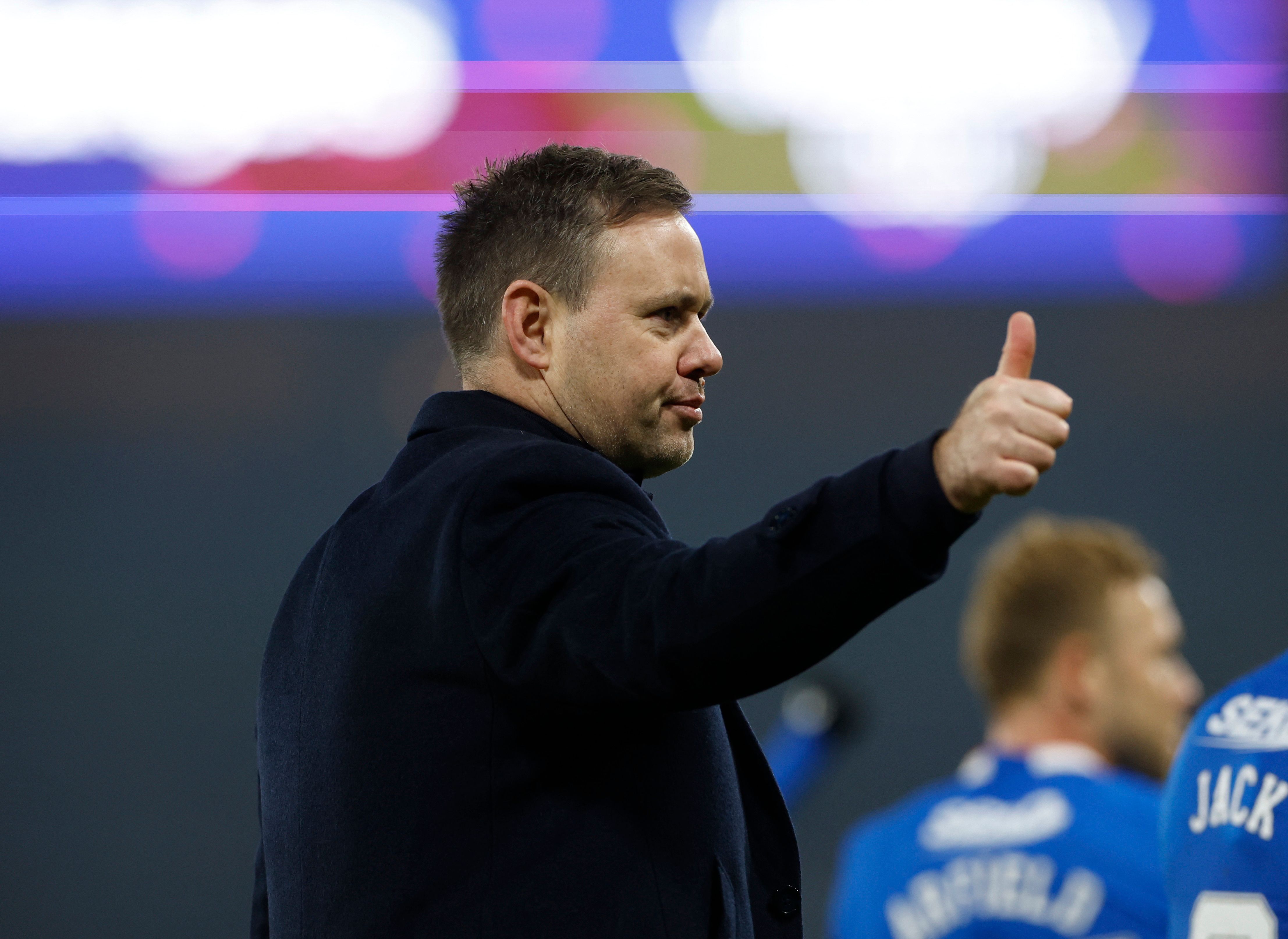 Rangers manager Michael Beale giving thumbs up after win