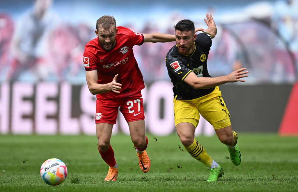 RB Leipzig's Konrad Laimer and Borussia Dortmund's Salih Ozcan
