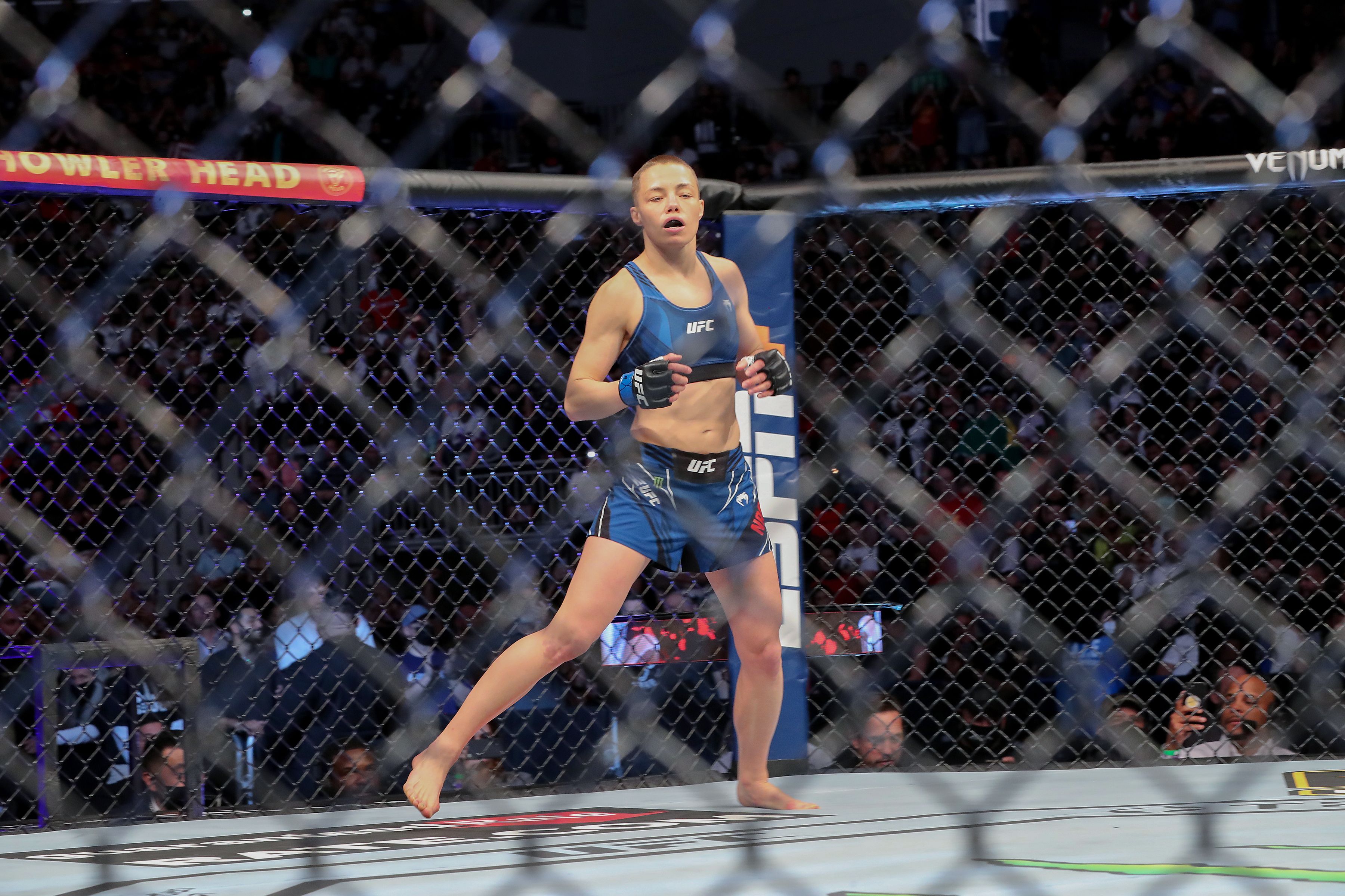 Rose Namajunas of the United States walks out to fight Zhang Weili