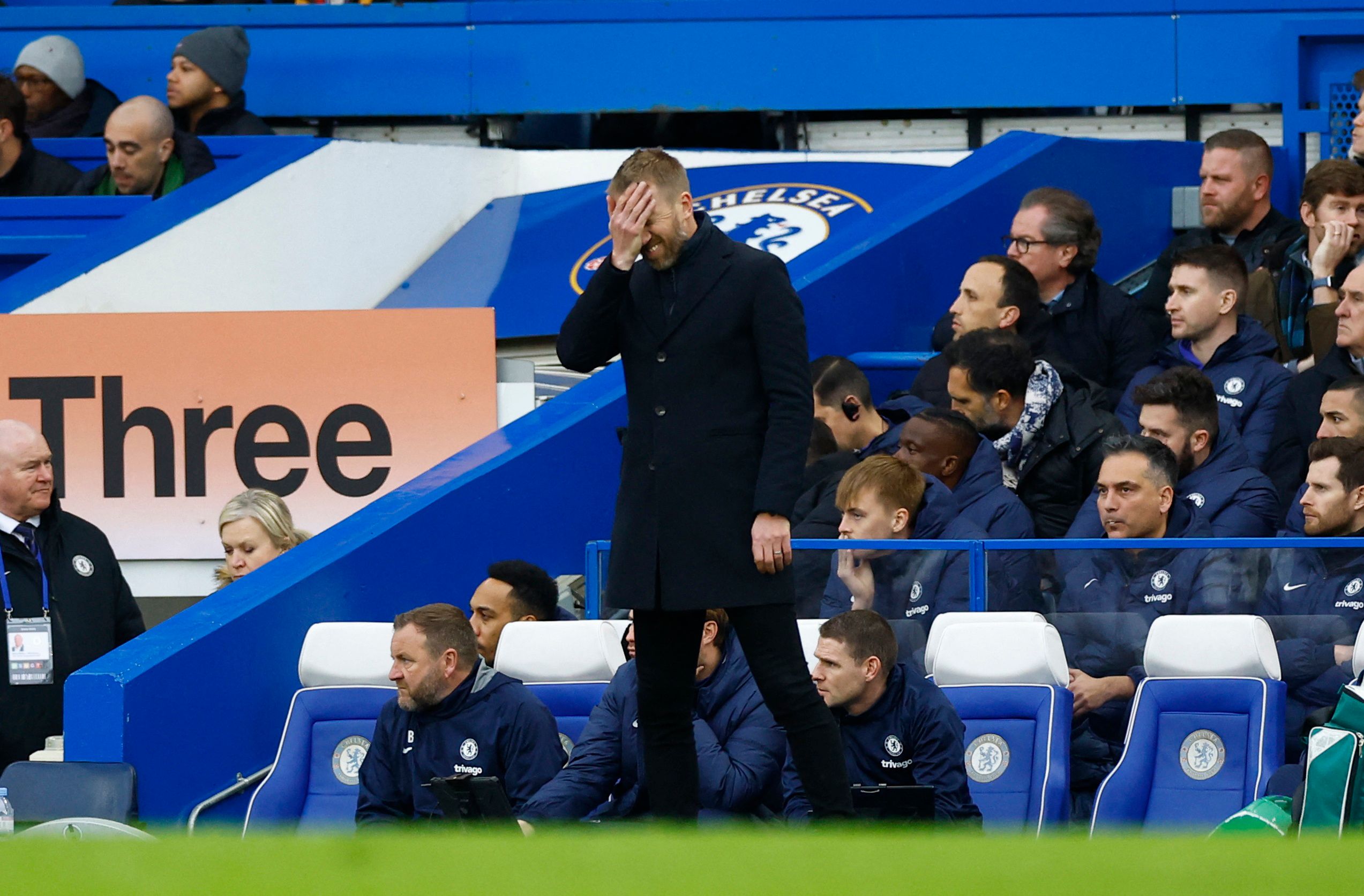Chelsea manager Graham Potter reacts to moment during game