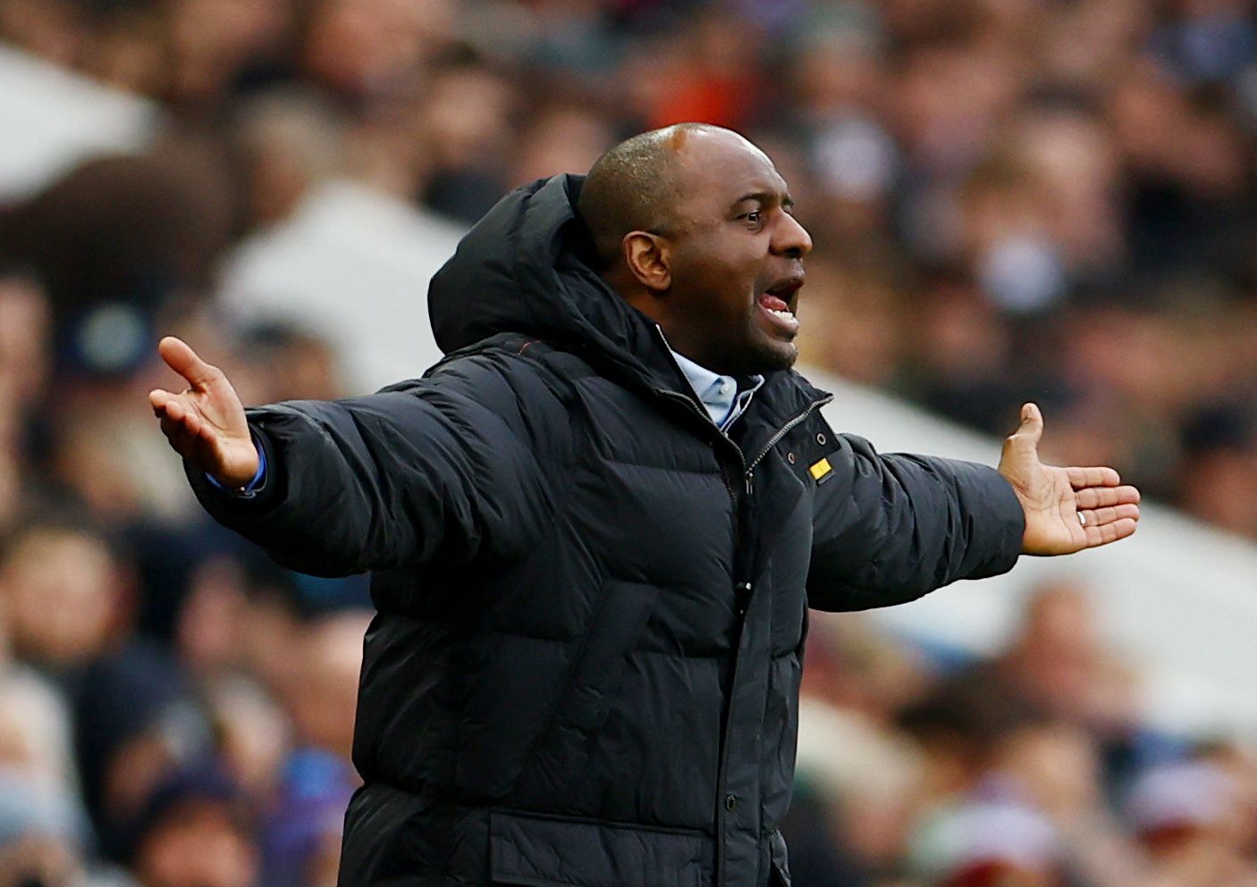 Crystal Palace manager Patrick Vieira animated on touchline during Aston Villa game
