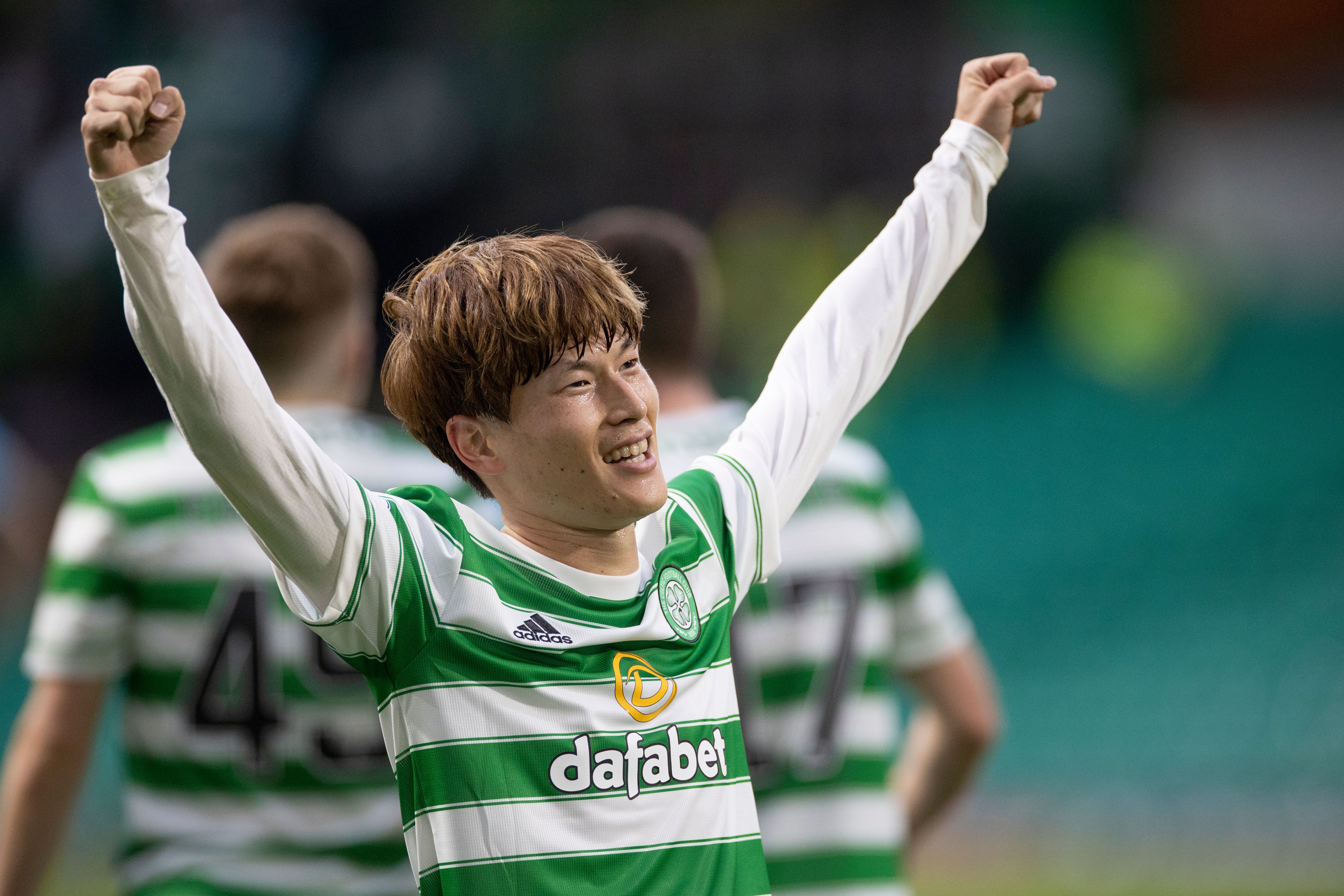 Kyogo Furuhashi of Celtic celebrates his third goal (Hat trick goal) during the Cinch Scottish Premiership match between Celtic FC and Dundee FC on August 8, 2021 in Glasgow, United Kingdom