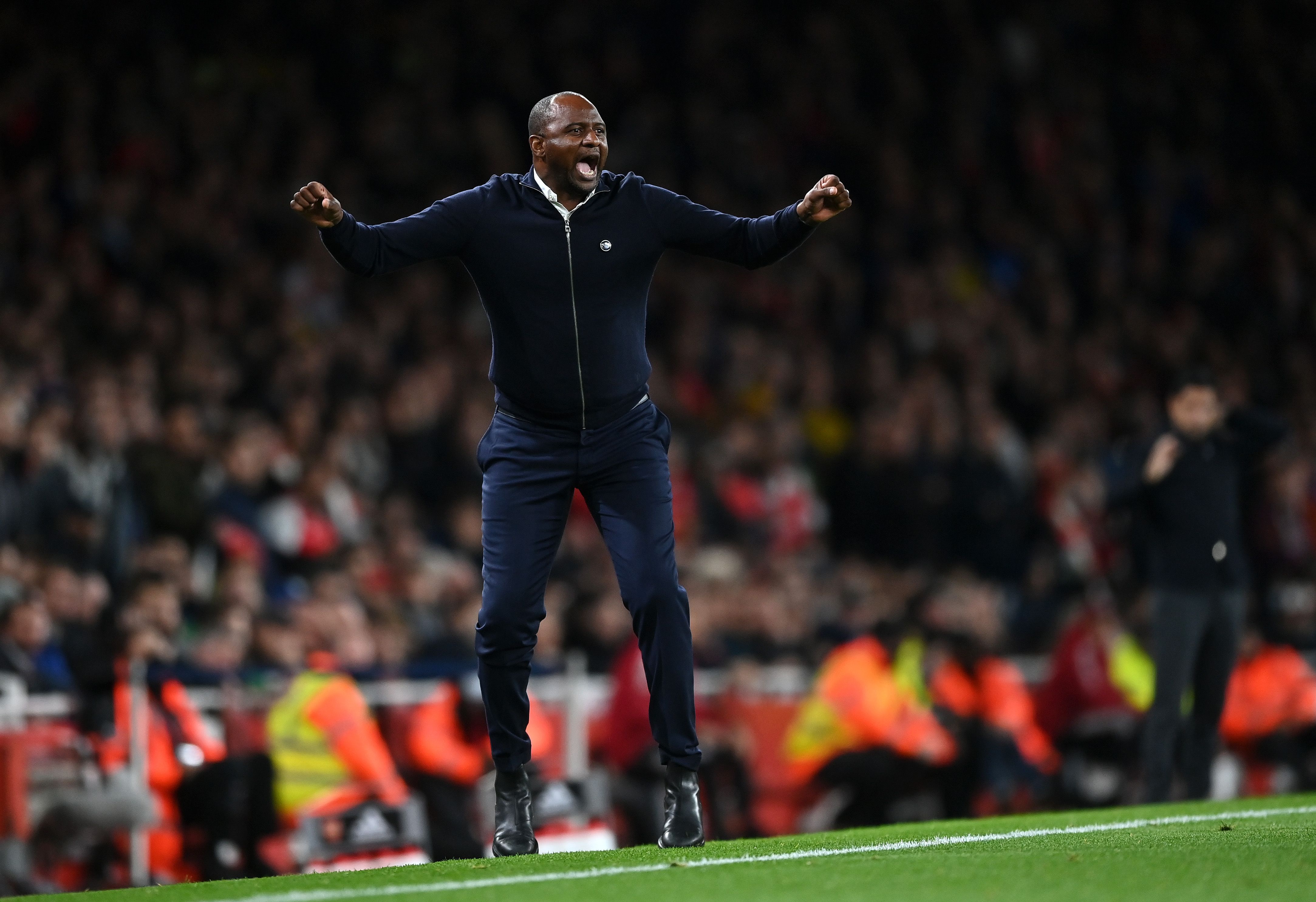 Patrick Vieira, Manager of Crystal Palace celebrates his sides 2nd goal during the Premier League match between Arsenal and Crystal Palace at Emirates Stadium on October 18, 2021 in London, England.