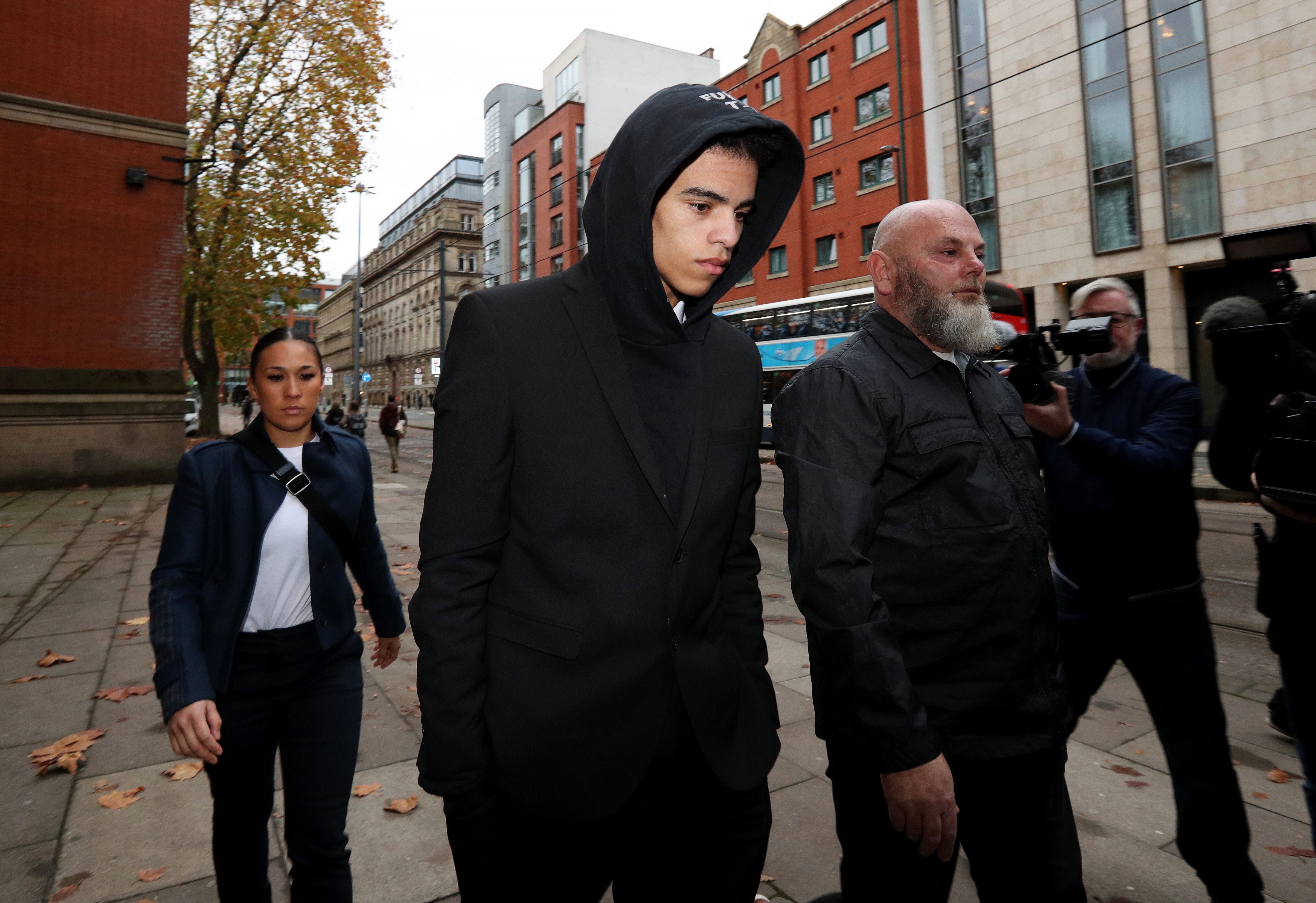 Mason Greenwood arrives for the first day of his trial.