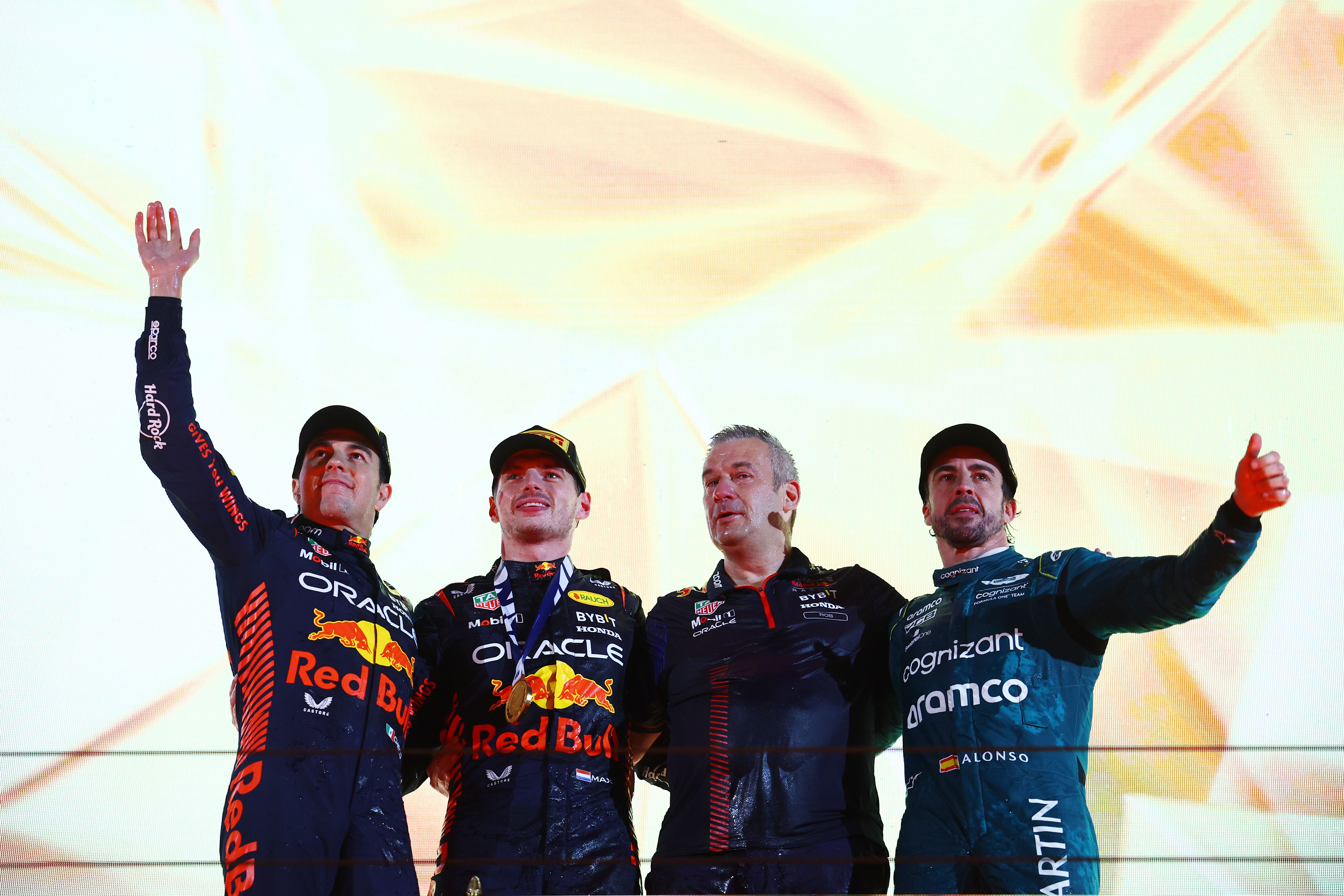 Max Verstappen, Sergio Perez and Fernando Alonso on the Bahrain GP podium